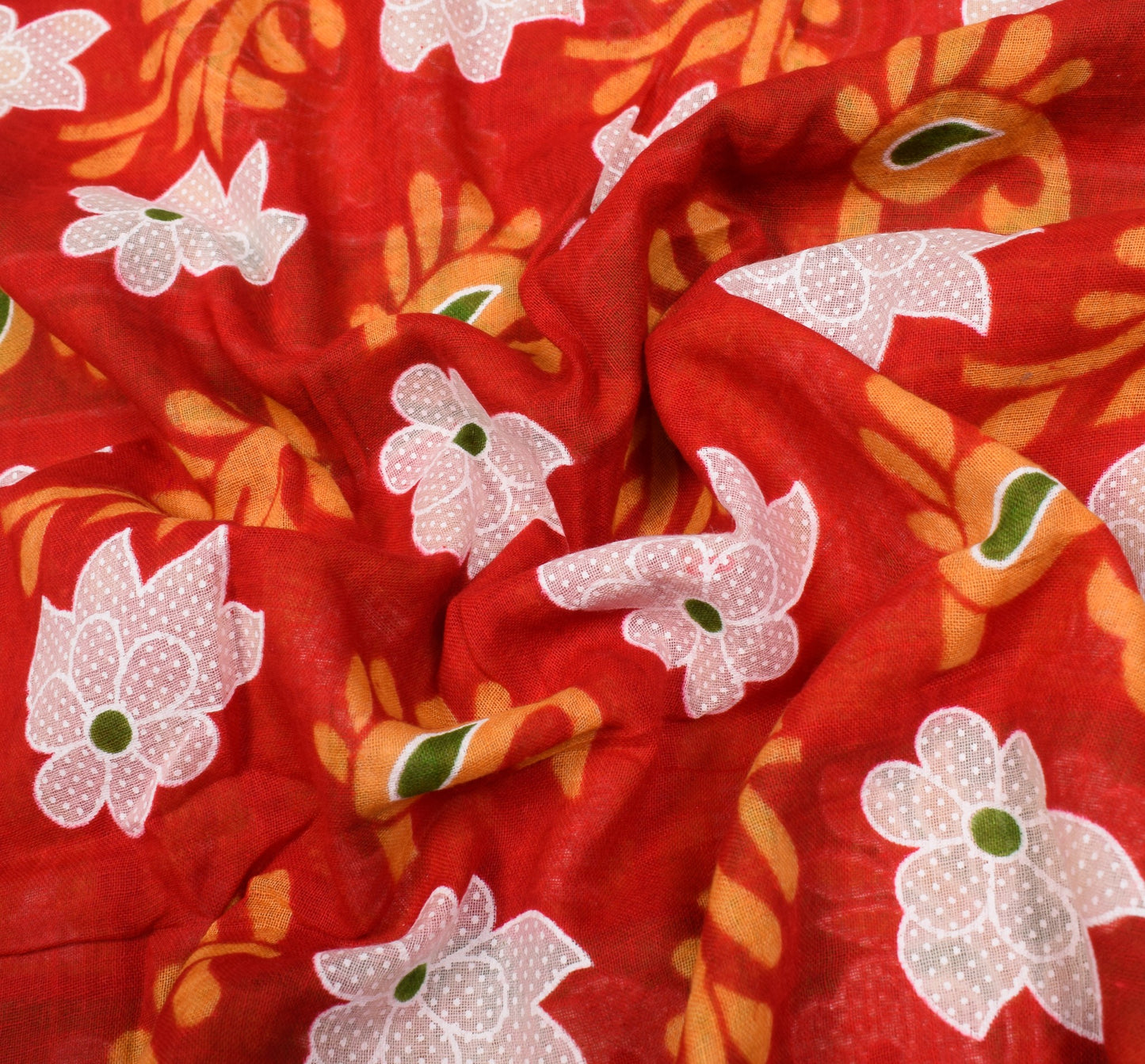 Sushila Vintage Red Floral Saree 100% Pure Cotton Printed Indian Craft Fabric