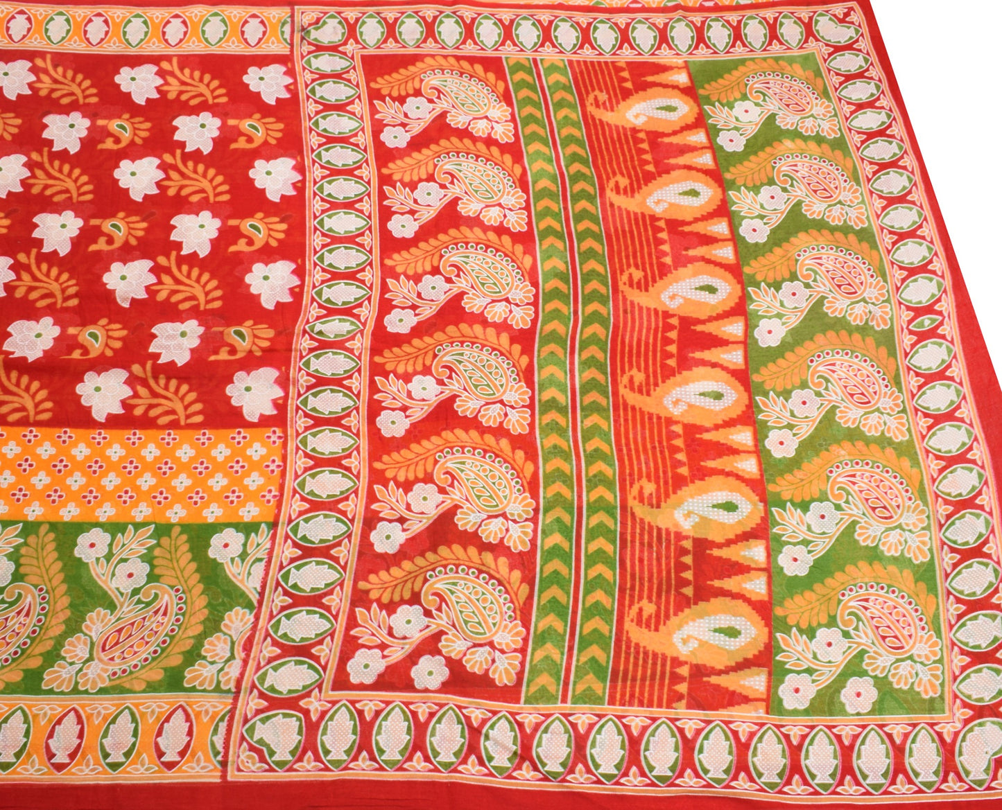 Sushila Vintage Red Floral Saree 100% Pure Cotton Printed Indian Craft Fabric
