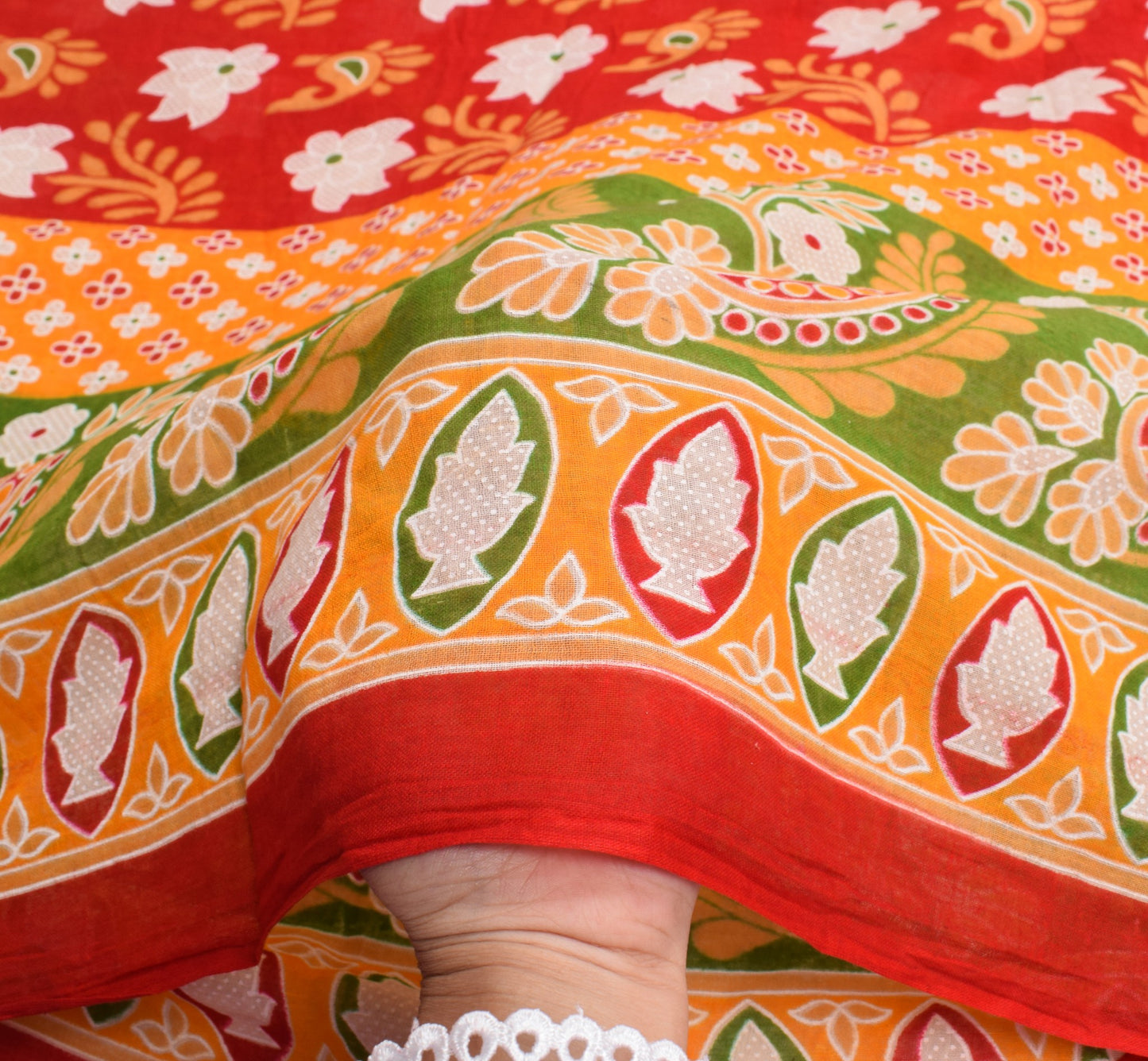 Sushila Vintage Red Floral Saree 100% Pure Cotton Printed Indian Craft Fabric