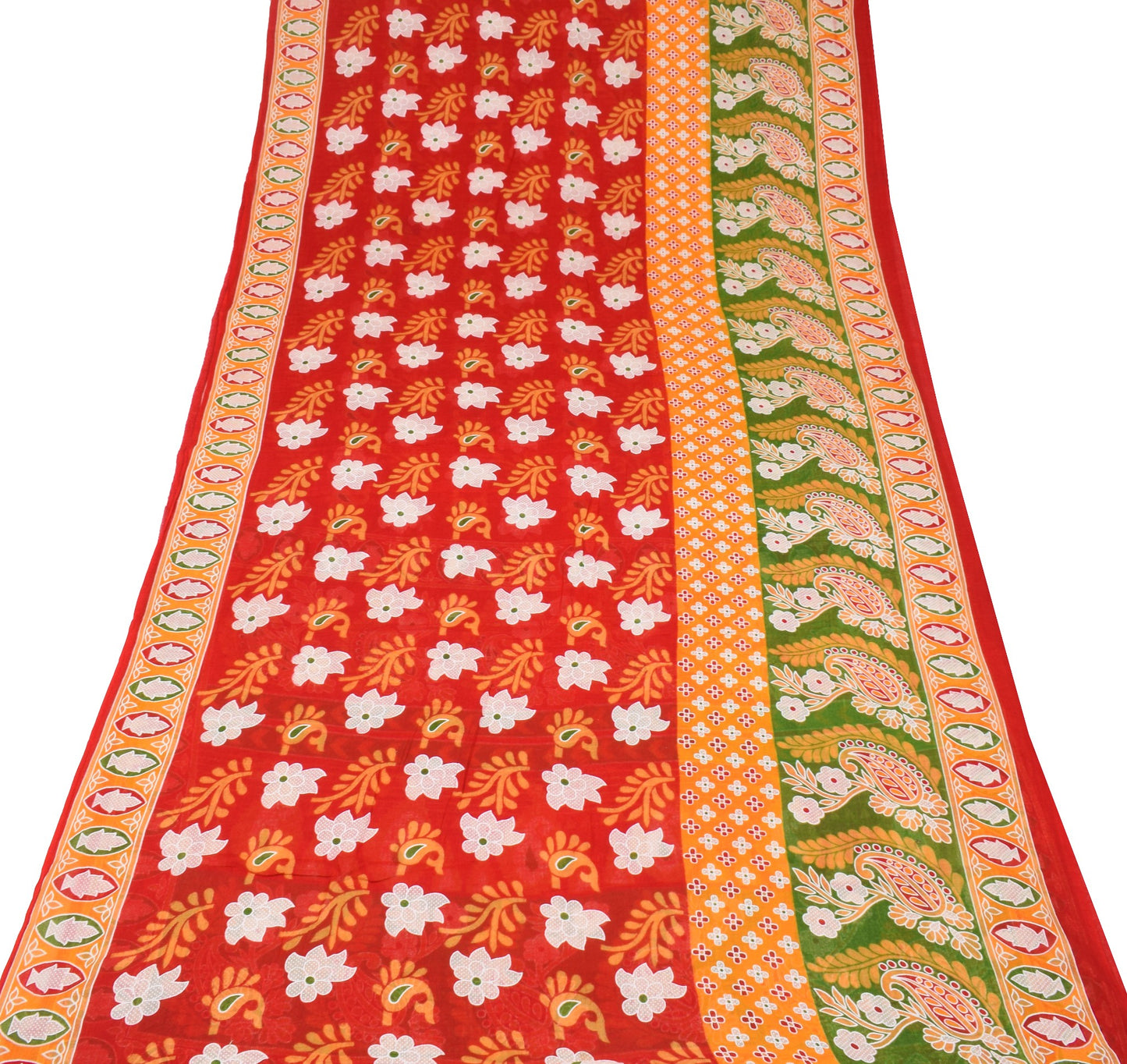 Sushila Vintage Red Floral Saree 100% Pure Cotton Printed Indian Craft Fabric