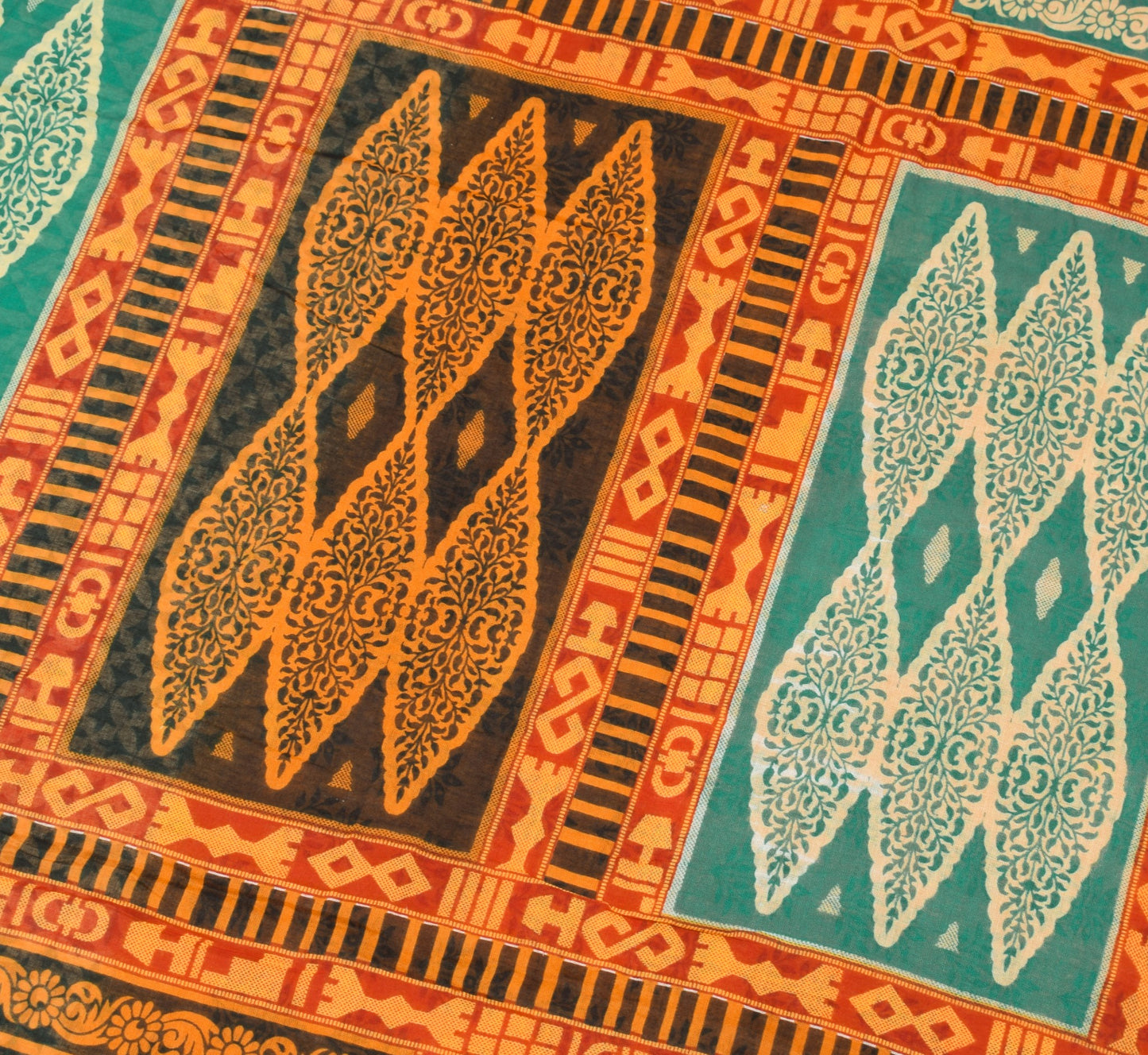 Sushila Vintage Floral Orange Saree 100% Pure Cotton Printed Soft Craft Fabric