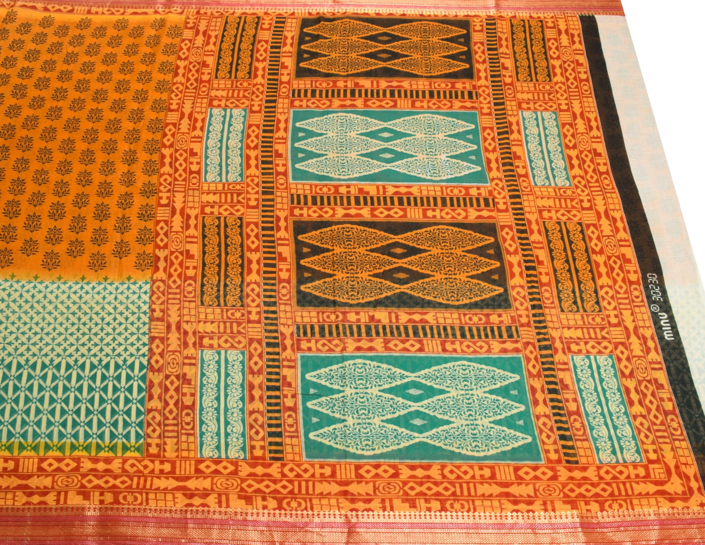 Sushila Vintage Floral Orange Saree 100% Pure Cotton Printed Soft Craft Fabric