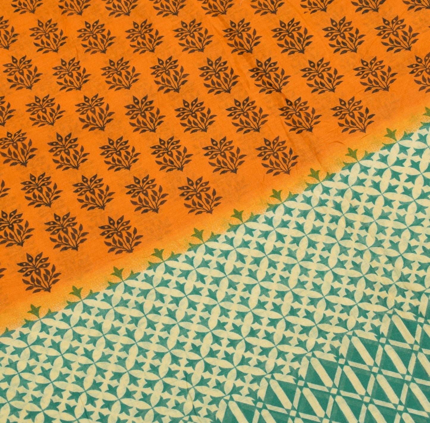 Sushila Vintage Floral Orange Saree 100% Pure Cotton Printed Soft Craft Fabric