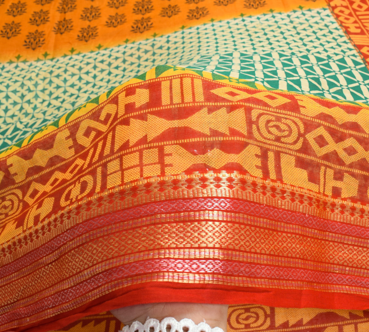 Sushila Vintage Floral Orange Saree 100% Pure Cotton Printed Soft Craft Fabric