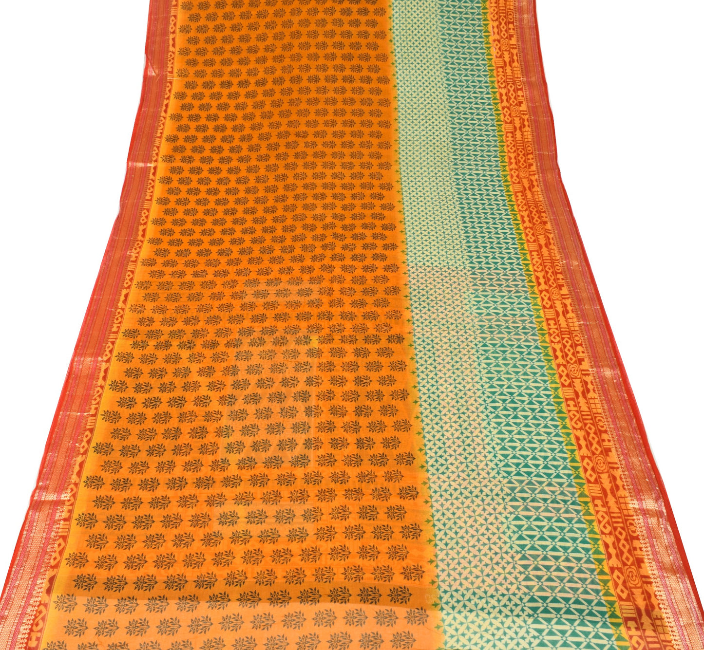 Sushila Vintage Floral Orange Saree 100% Pure Cotton Printed Soft Craft Fabric