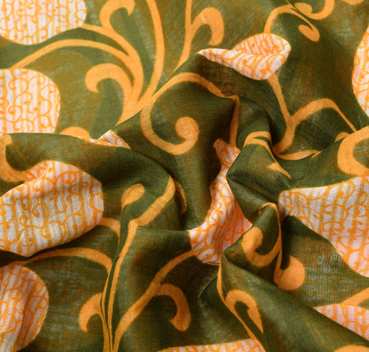 Sushila Vintage 100% Pure Cotton Saree Printed Paisley Green Soft Craft Fabric