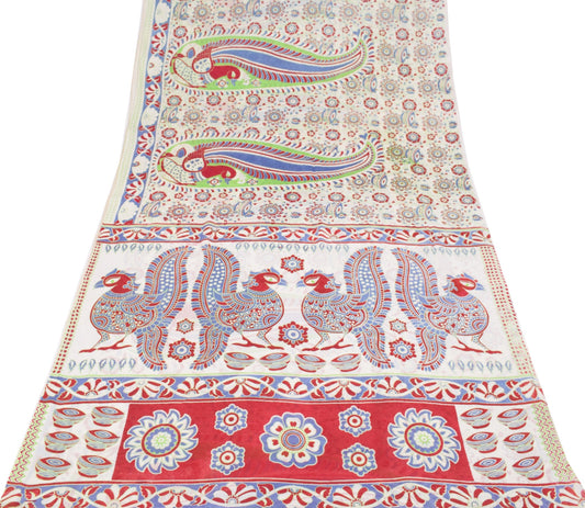 Sushila Vintage White Peacock Saree Pure Cotton Handmade Kalamkari Soft Fabric