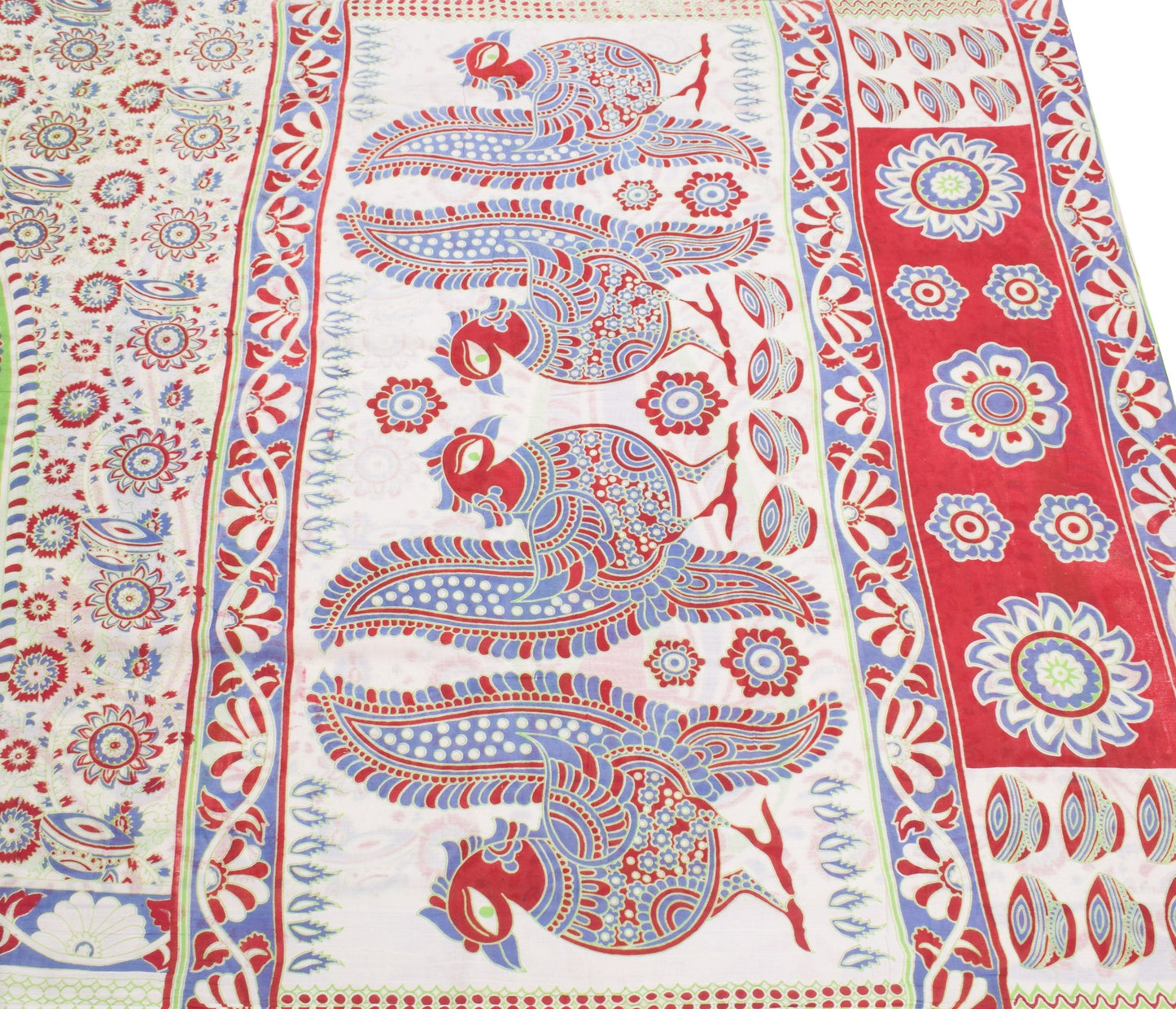Sushila Vintage White Peacock Saree Pure Cotton Handmade Kalamkari Soft Fabric