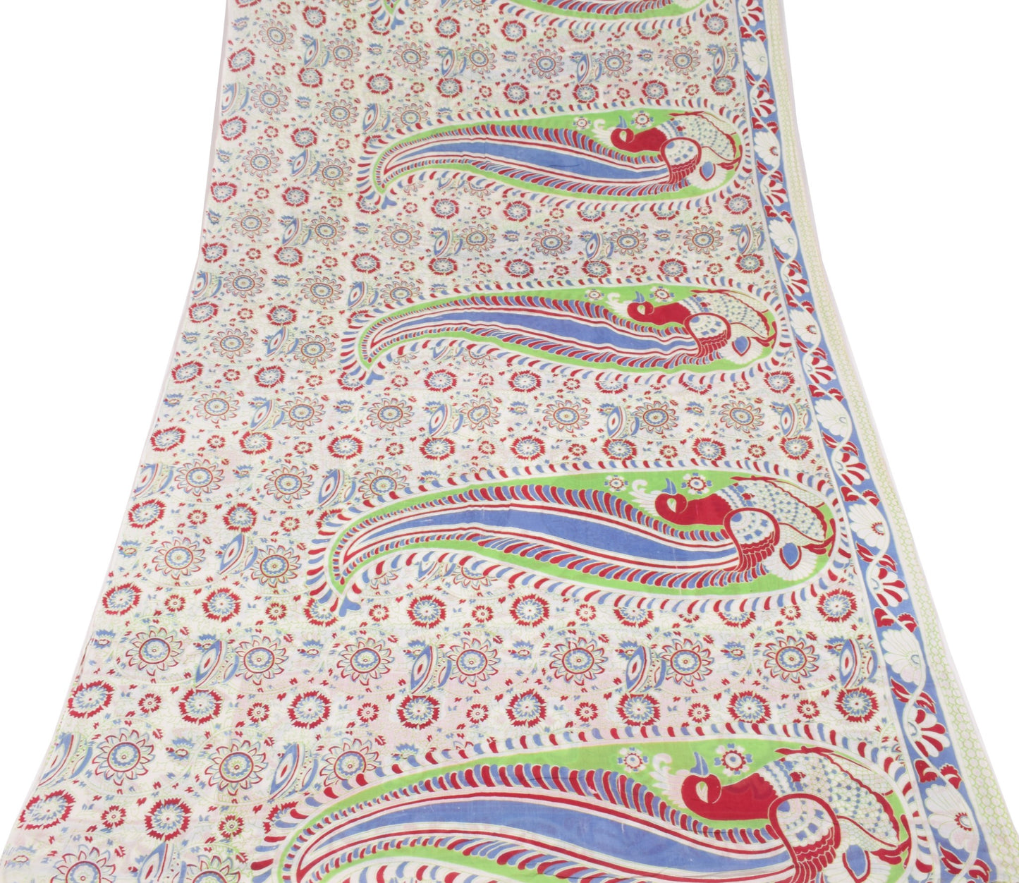 Sushila Vintage White Peacock Saree Pure Cotton Handmade Kalamkari Soft Fabric
