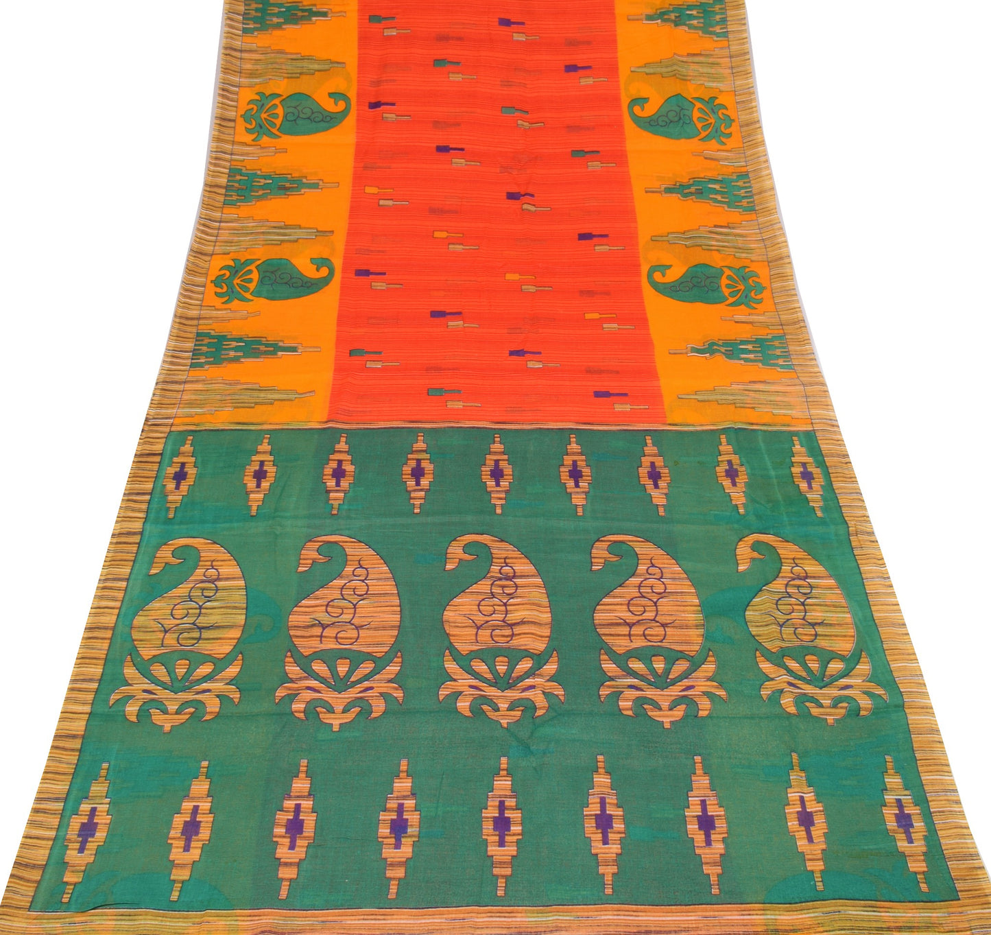 Sushila Vintage Dark Orange Saree 100% Pure Cotton Printed Indain Craft Fabric