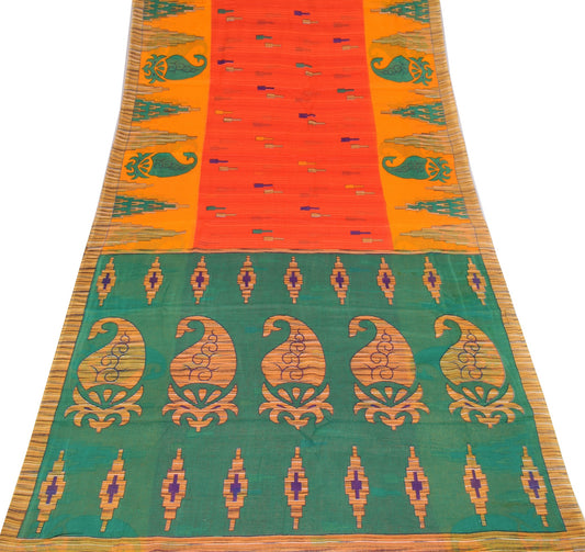 Sushila Vintage Dark Orange Saree 100% Pure Cotton Printed Indain Craft Fabric