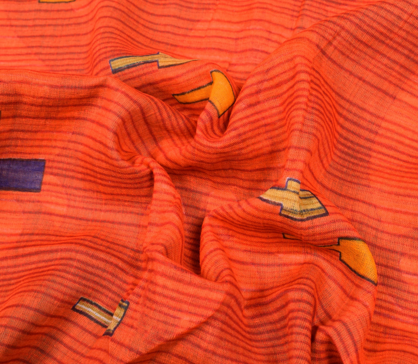 Sushila Vintage Dark Orange Saree 100% Pure Cotton Printed Indain Craft Fabric