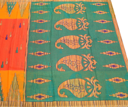 Sushila Vintage Dark Orange Saree 100% Pure Cotton Printed Indain Craft Fabric