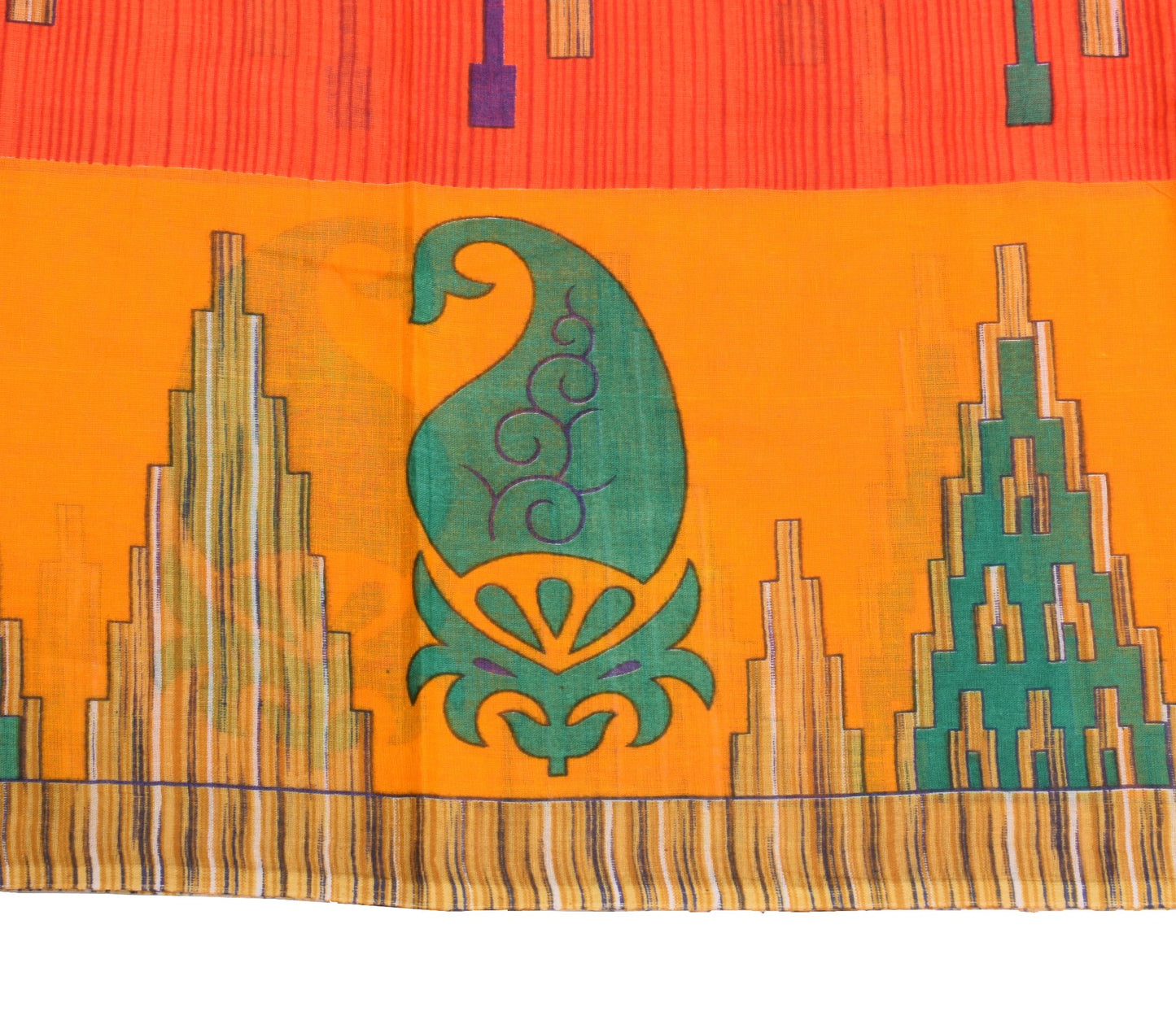 Sushila Vintage Dark Orange Saree 100% Pure Cotton Printed Indain Craft Fabric