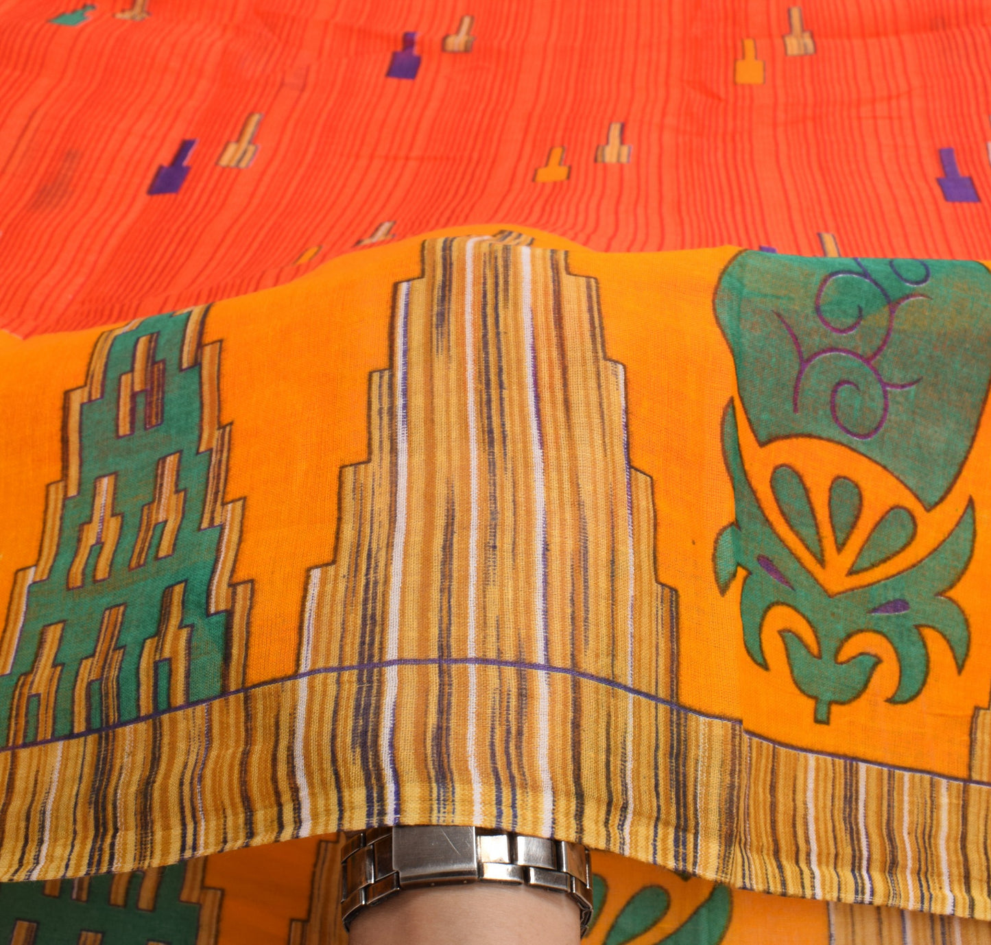 Sushila Vintage Dark Orange Saree 100% Pure Cotton Printed Indain Craft Fabric