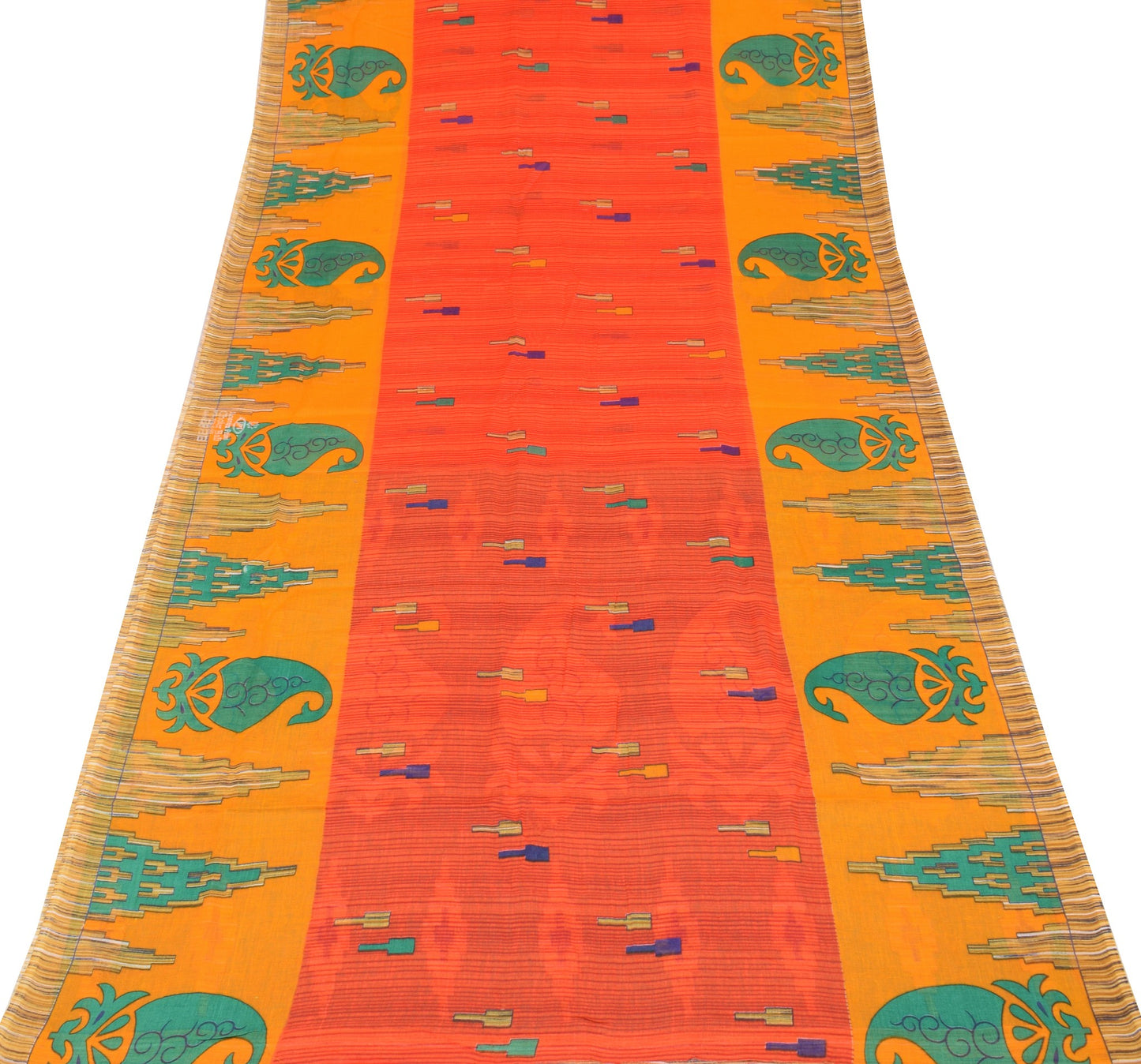 Sushila Vintage Dark Orange Saree 100% Pure Cotton Printed Indain Craft Fabric