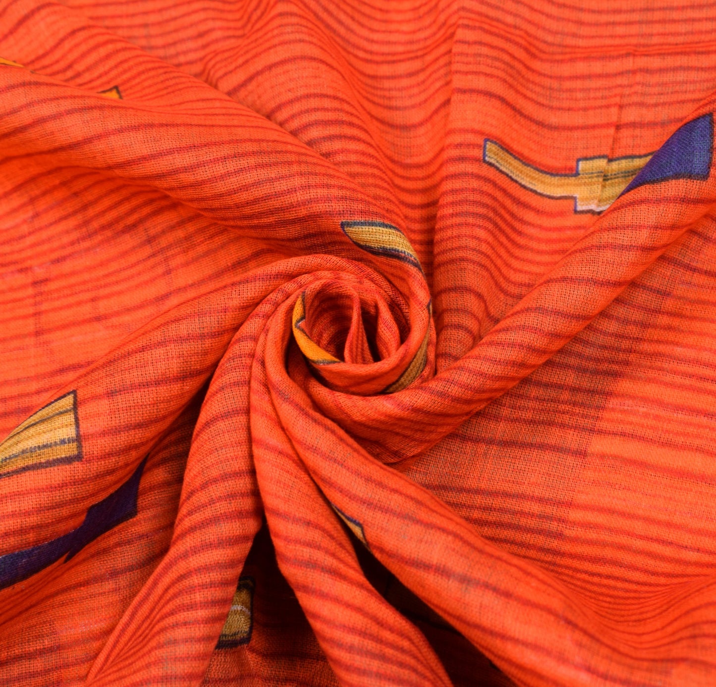 Sushila Vintage Dark Orange Saree 100% Pure Cotton Printed Indain Craft Fabric