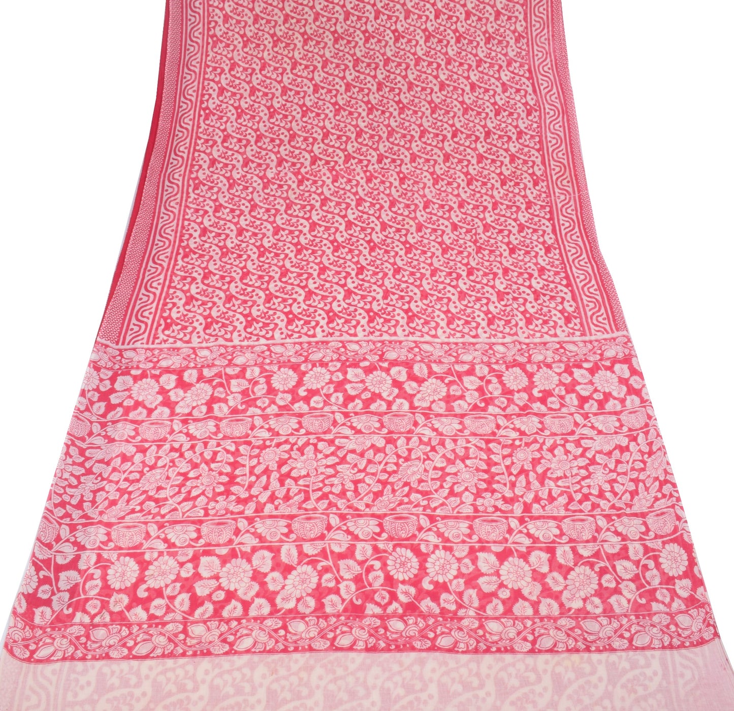 Sushila Vintage Pinkish Red Saree PureCotton Handmade Kalamkari Sari Soft Fabric