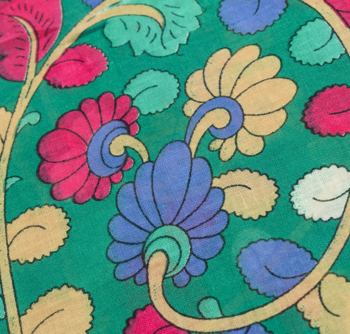Sushila Vintage Green Kalamkari Saree Pure Cotton Handprinted Soft Floral Fabric