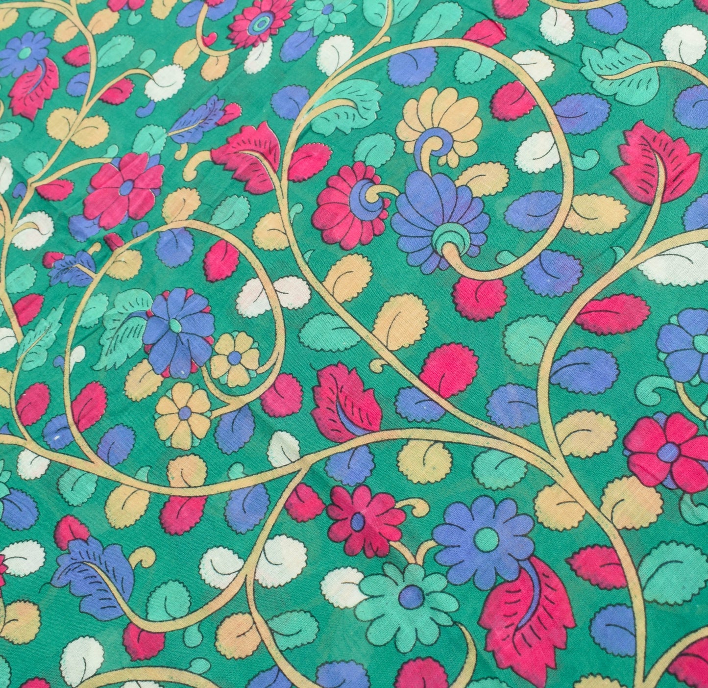 Sushila Vintage Green Kalamkari Saree Pure Cotton Handprinted Soft Floral Fabric