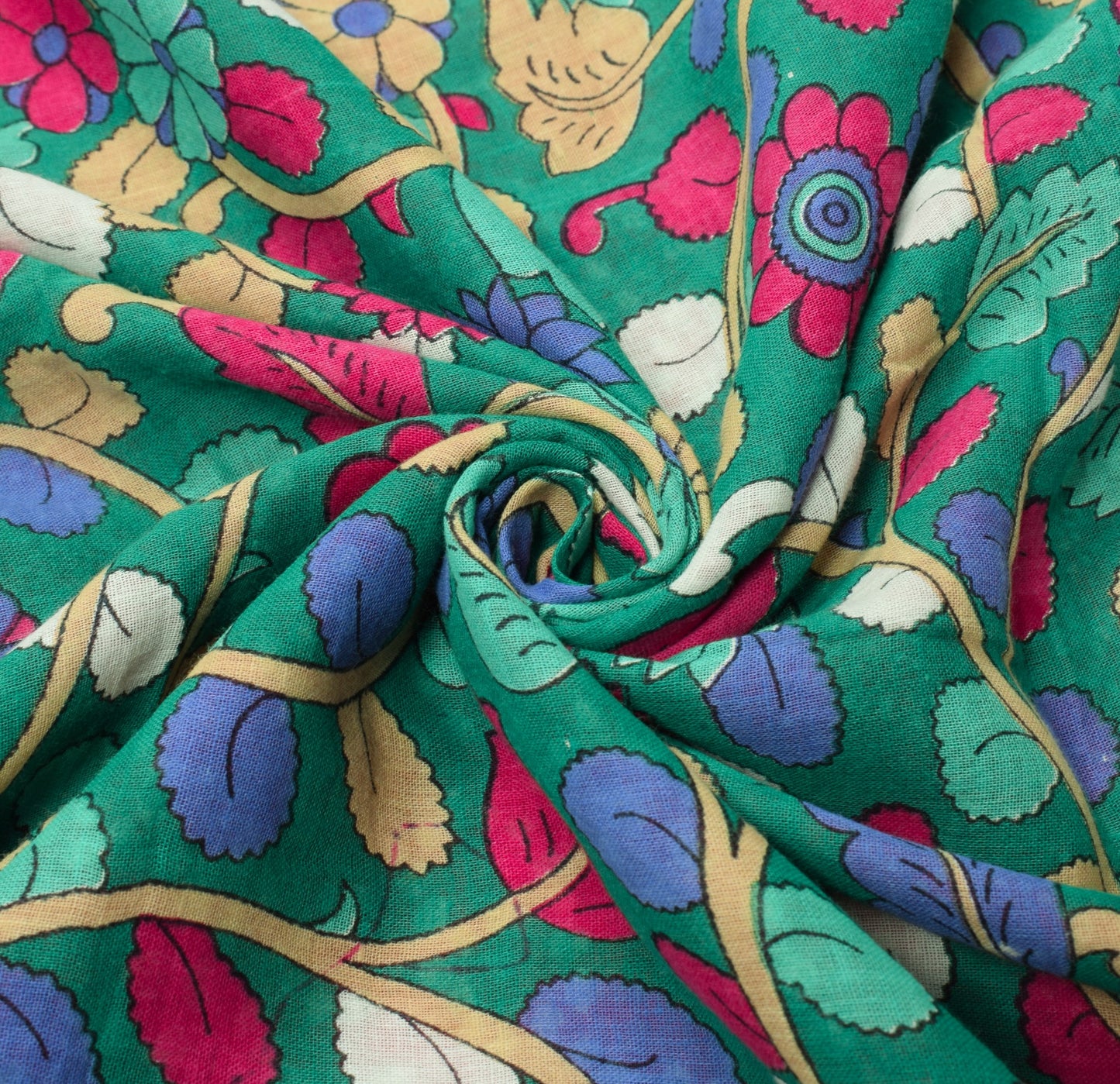 Sushila Vintage Green Kalamkari Saree Pure Cotton Handprinted Soft Floral Fabric