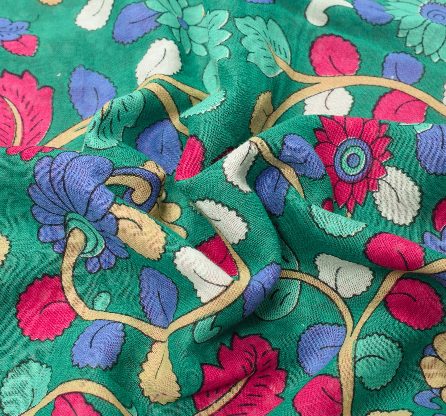 Sushila Vintage Green Kalamkari Saree Pure Cotton Handprinted Soft Floral Fabric