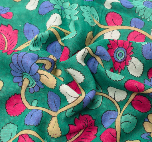 Sushila Vintage Green Kalamkari Saree Pure Cotton Handprinted Soft Floral Fabric