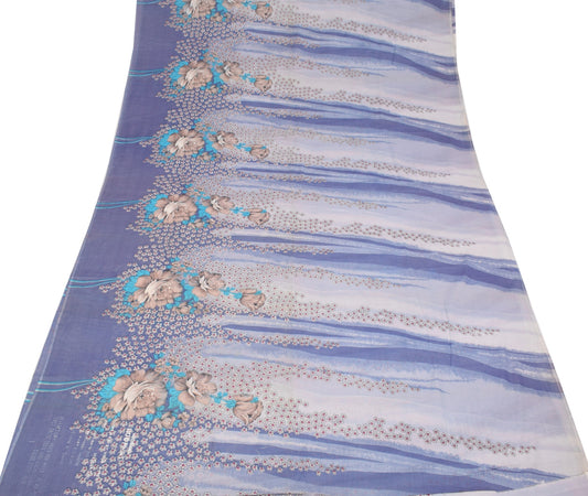 Sushila Vintage Greyish Blue Saree Floral Pure Cotton Printed Sari Craft Fabric