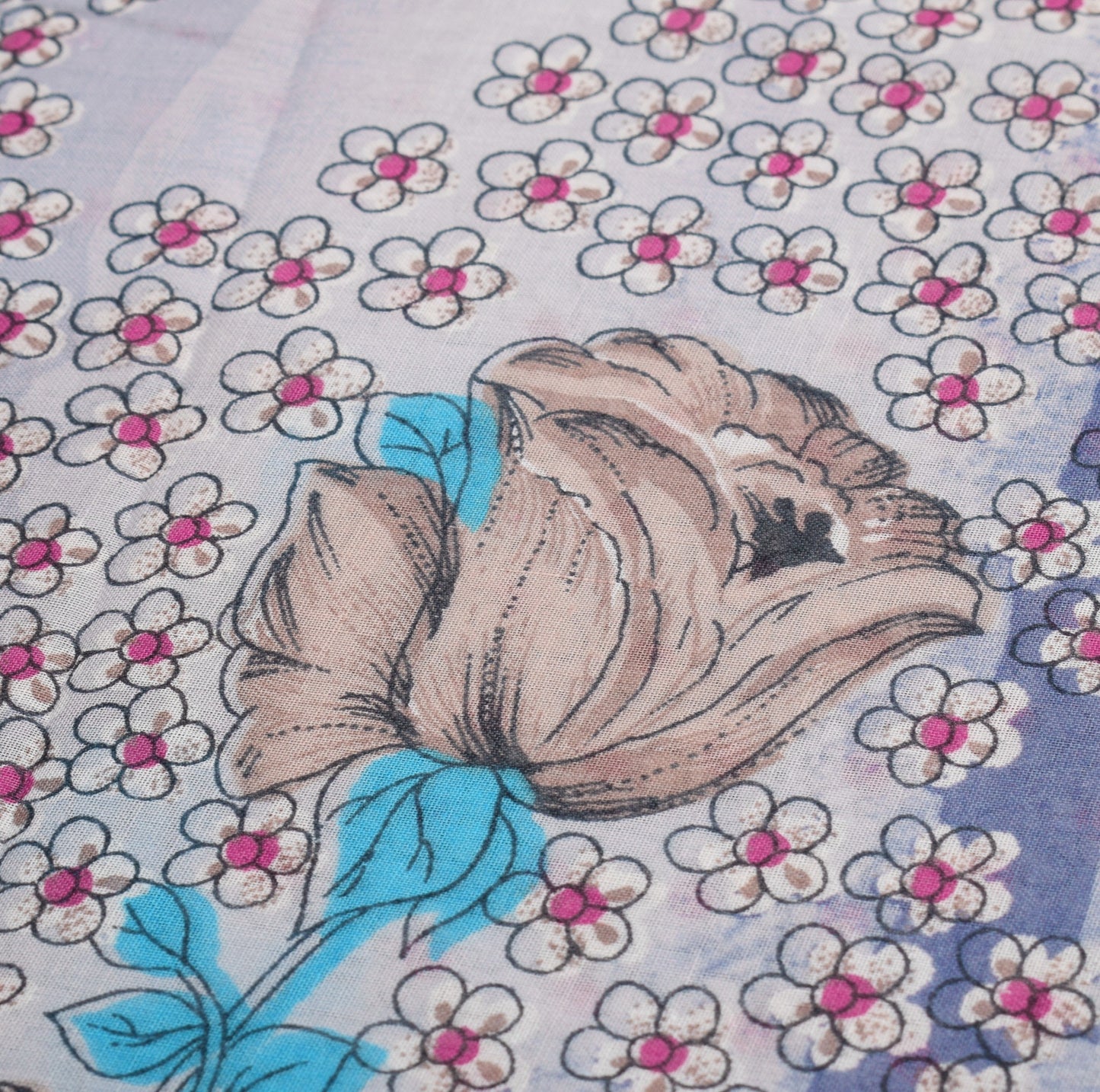 Sushila Vintage Greyish Blue Saree Floral Pure Cotton Printed Sari Craft Fabric