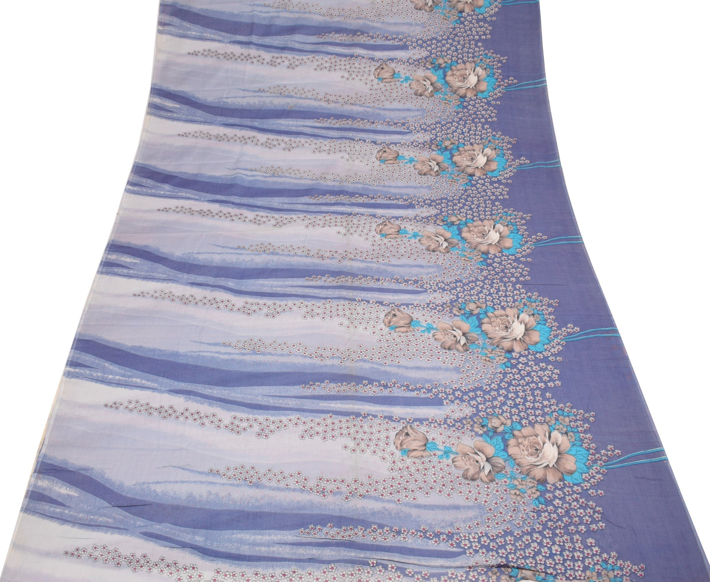 Sushila Vintage Greyish Blue Saree Floral Pure Cotton Printed Sari Craft Fabric