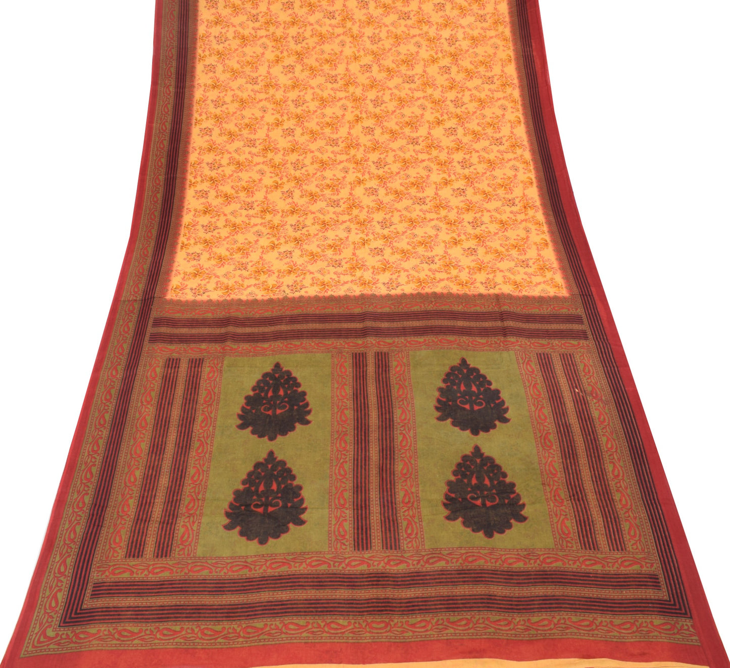 Sushila Vintage Yellow Saree Indian Pure Cotton Printed Floral Soft Craft Fabric