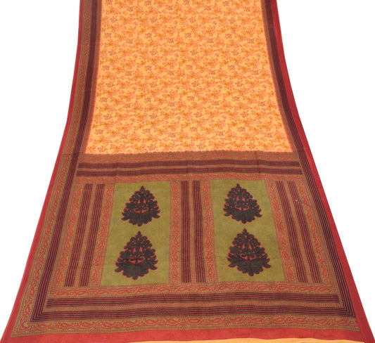 Sushila Vintage Yellow Saree Indian Pure Cotton Printed Floral Soft Craft Fabric