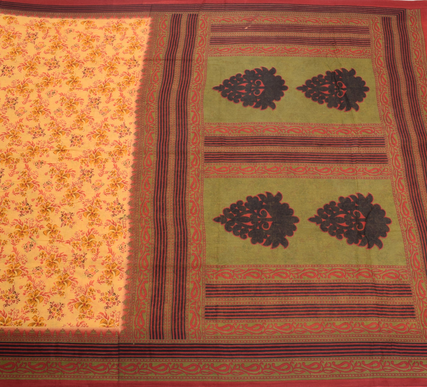 Sushila Vintage Yellow Saree Indian Pure Cotton Printed Floral Soft Craft Fabric