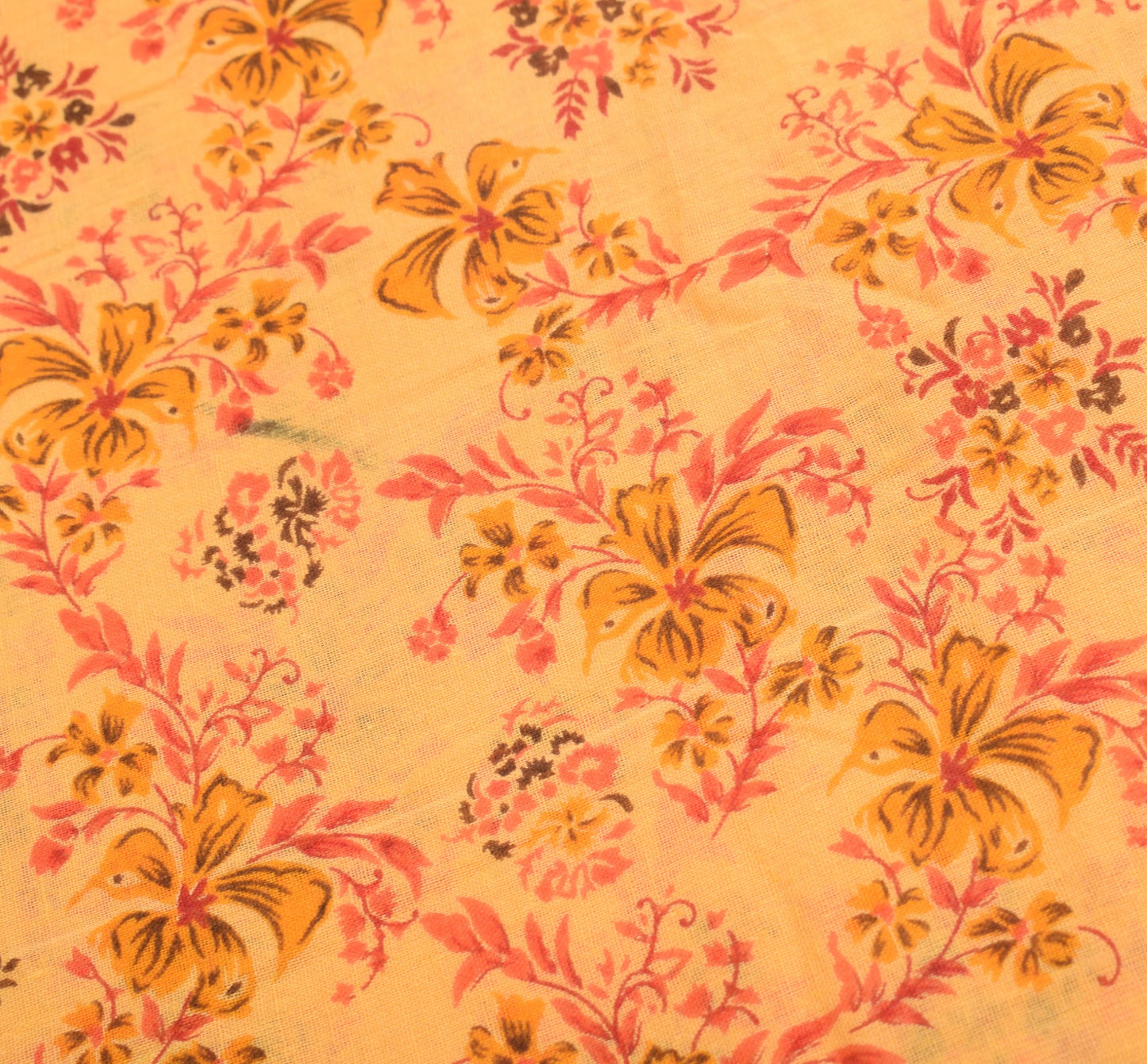 Sushila Vintage Yellow Saree Indian Pure Cotton Printed Floral Soft Craft Fabric