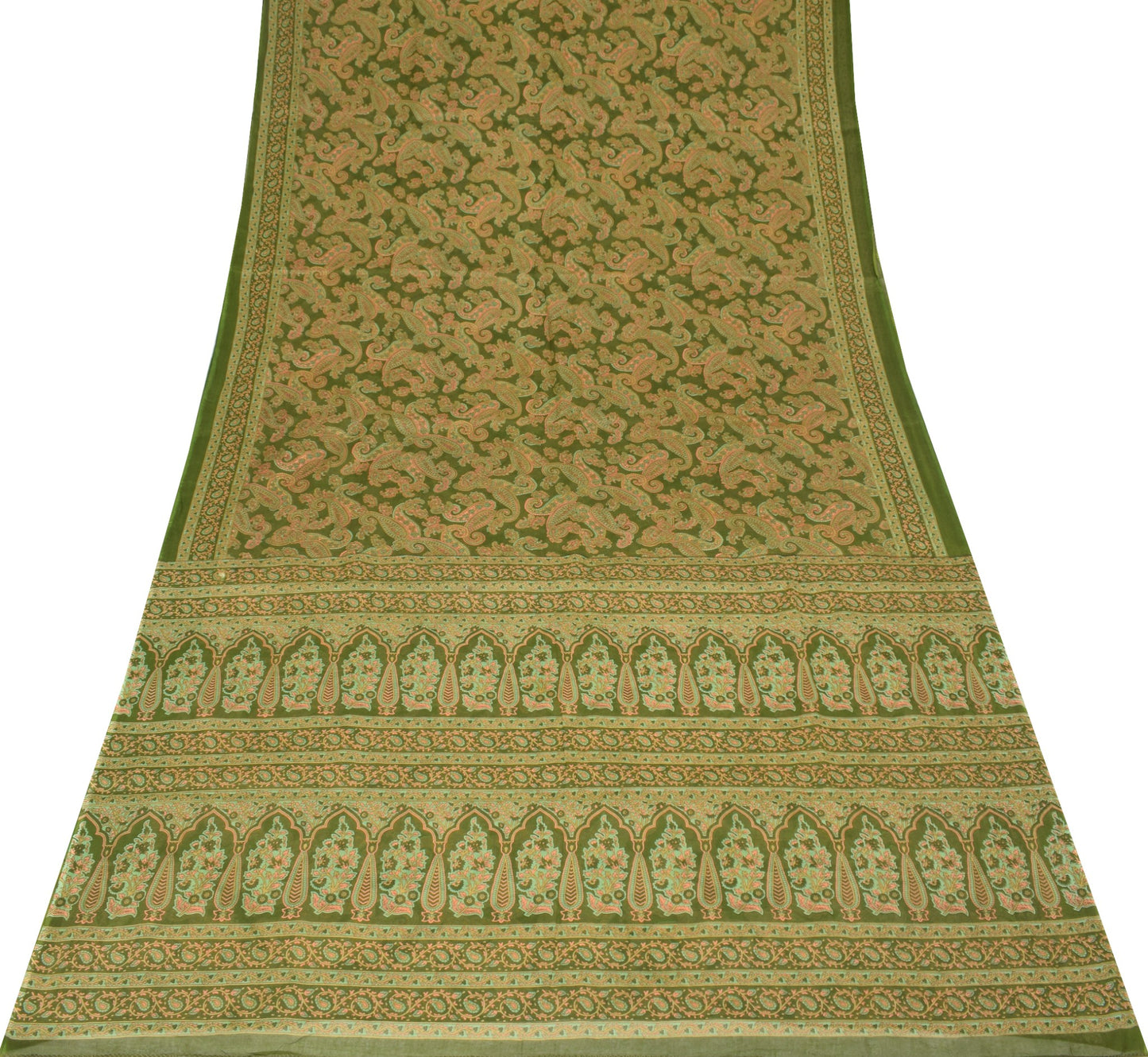 Sushila Vintage Green Saree 100% Pure Cotton Printed Paisley Sari Craft Fabric