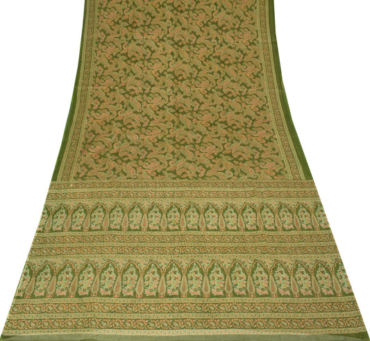 Sushila Vintage Green Saree 100% Pure Cotton Printed Paisley Sari Craft Fabric
