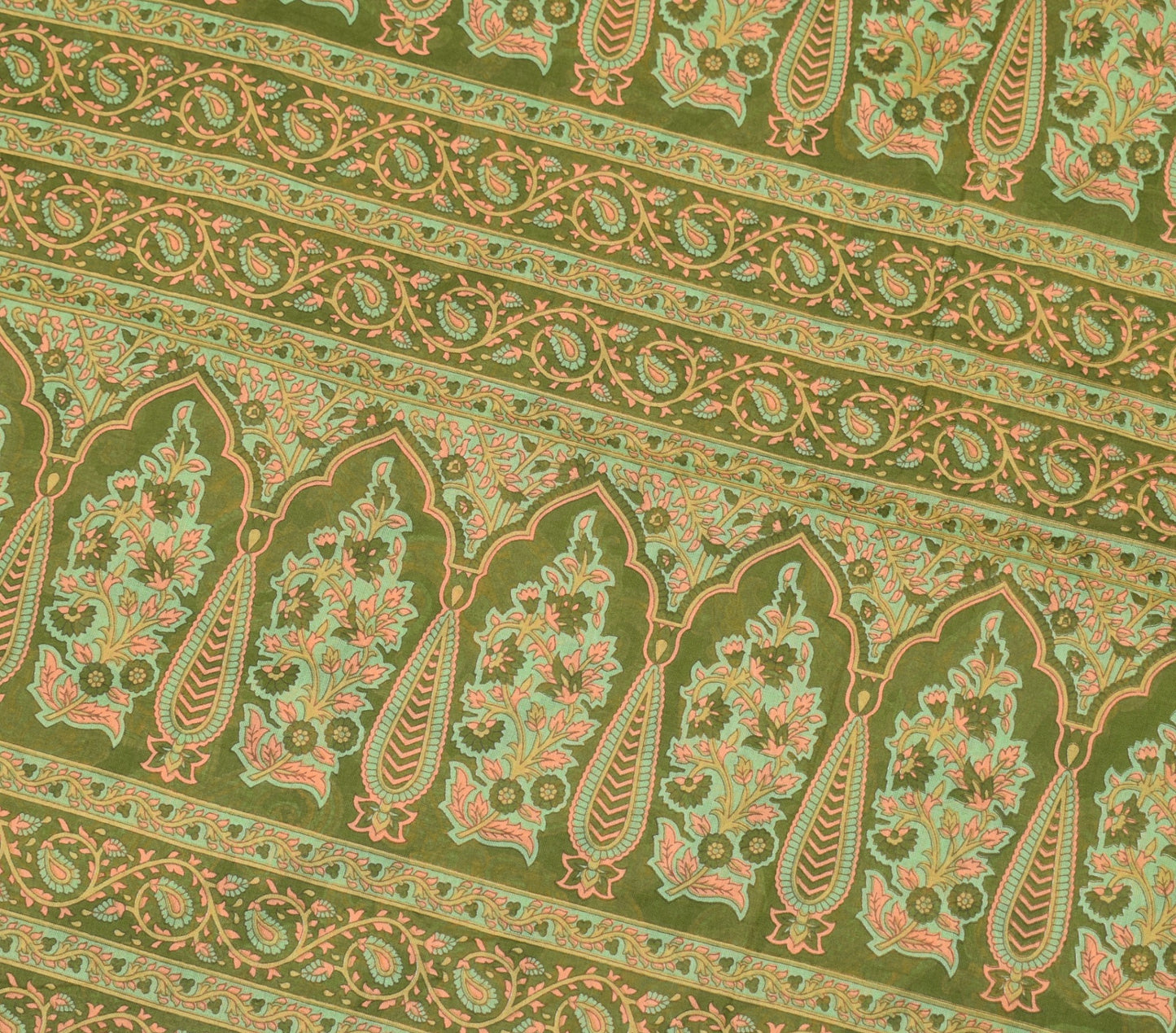 Sushila Vintage Green Saree 100% Pure Cotton Printed Paisley Sari Craft Fabric