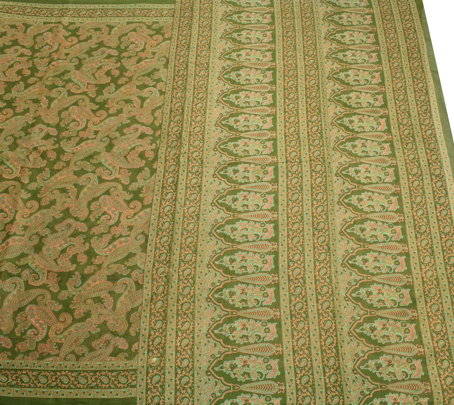 Sushila Vintage Green Saree 100% Pure Cotton Printed Paisley Sari Craft Fabric