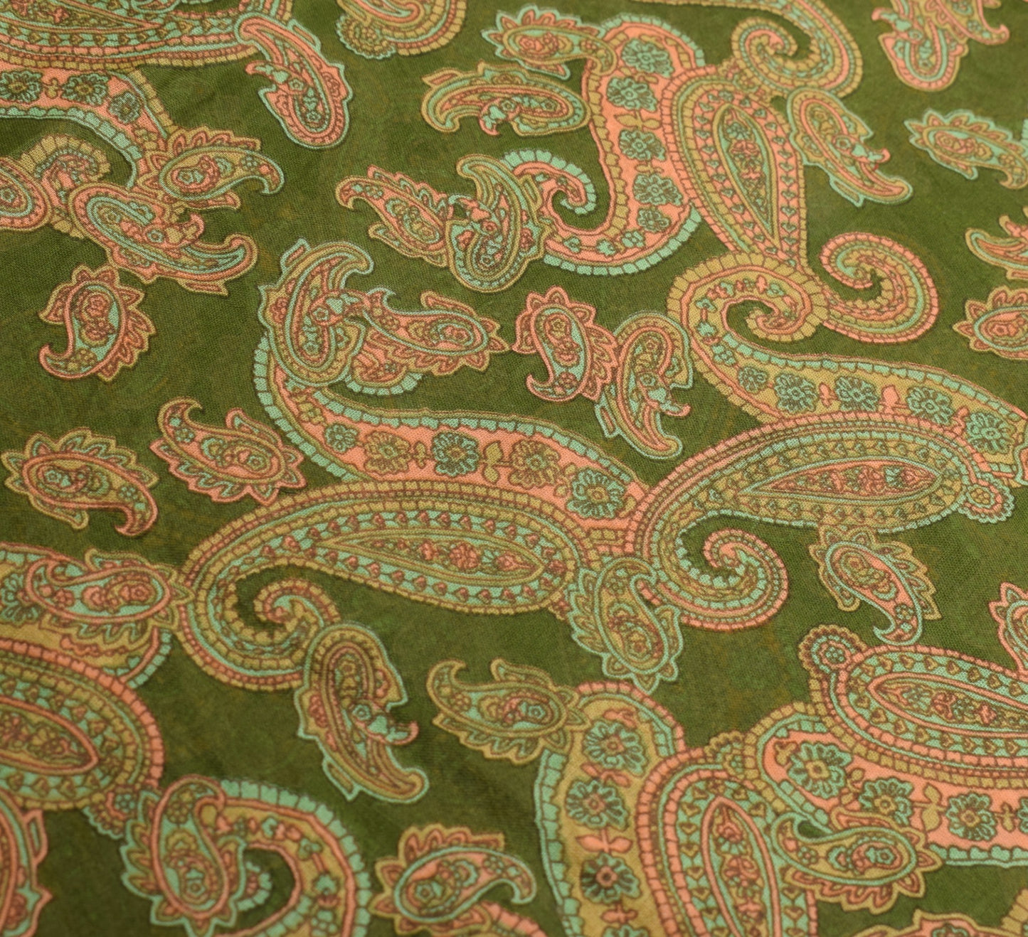 Sushila Vintage Green Saree 100% Pure Cotton Printed Paisley Sari Craft Fabric