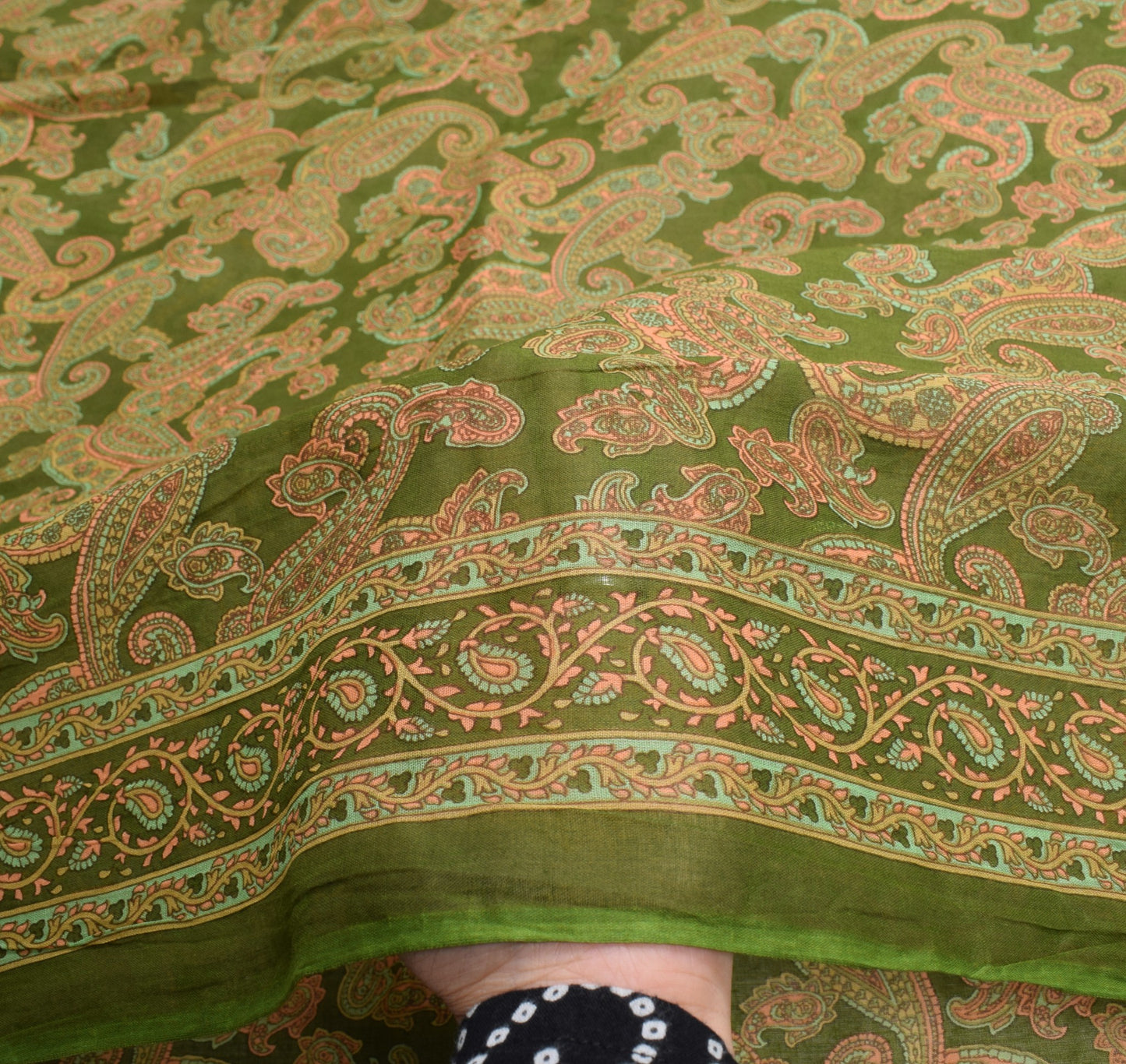 Sushila Vintage Green Saree 100% Pure Cotton Printed Paisley Sari Craft Fabric