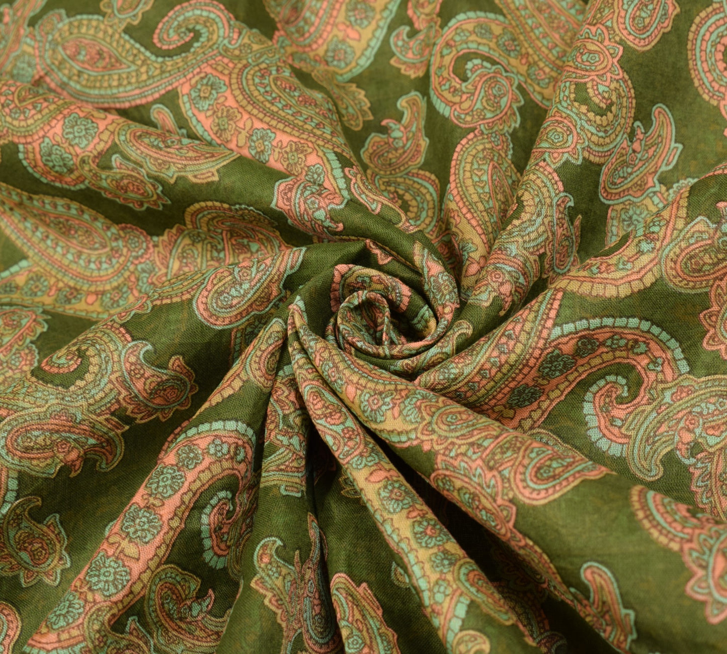 Sushila Vintage Green Saree 100% Pure Cotton Printed Paisley Sari Craft Fabric