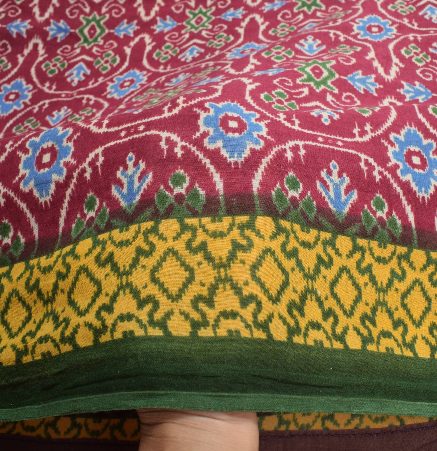 Sushila Vintage Dark Magenta Saree Pure Cotton Ikat Print Sari Soft Craft Fabric