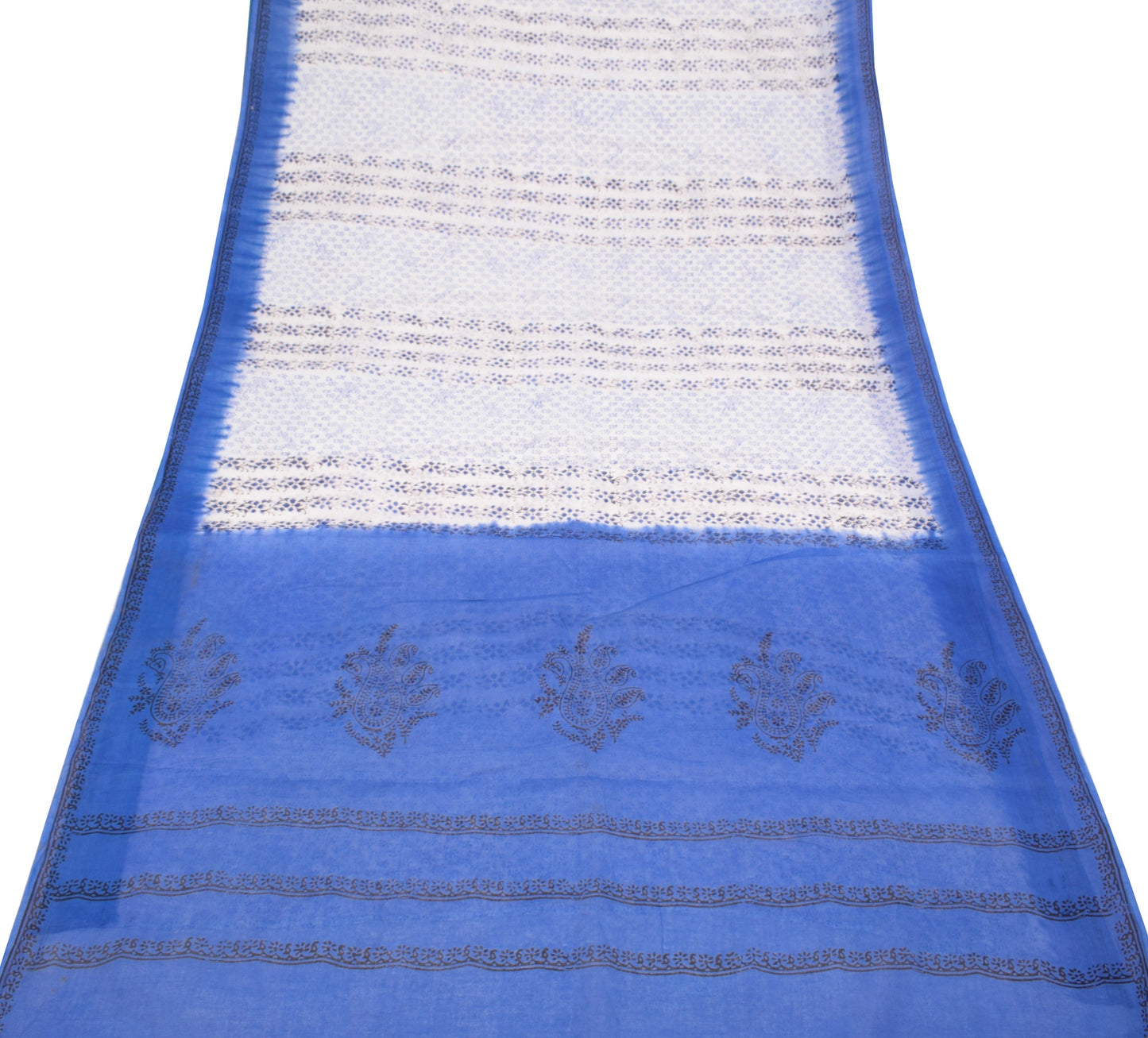 Sushila Vintage Hand Block Print Saree Pure Cotton White Floral Bird CraftFabric