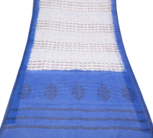 Sushila Vintage Hand Block Print Saree Pure Cotton White Floral Bird CraftFabric