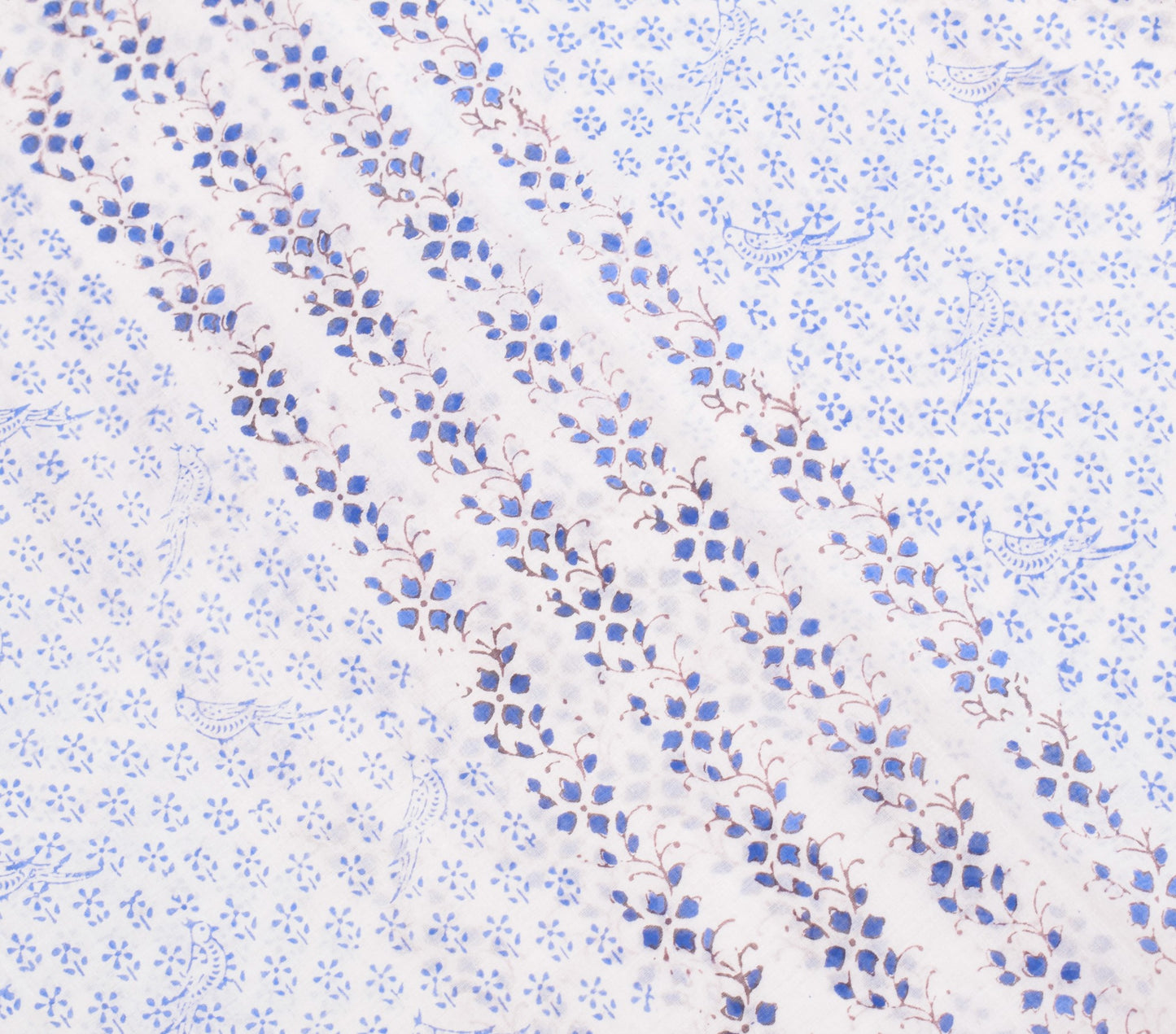 Sushila Vintage Hand Block Print Saree Pure Cotton White Floral Bird CraftFabric