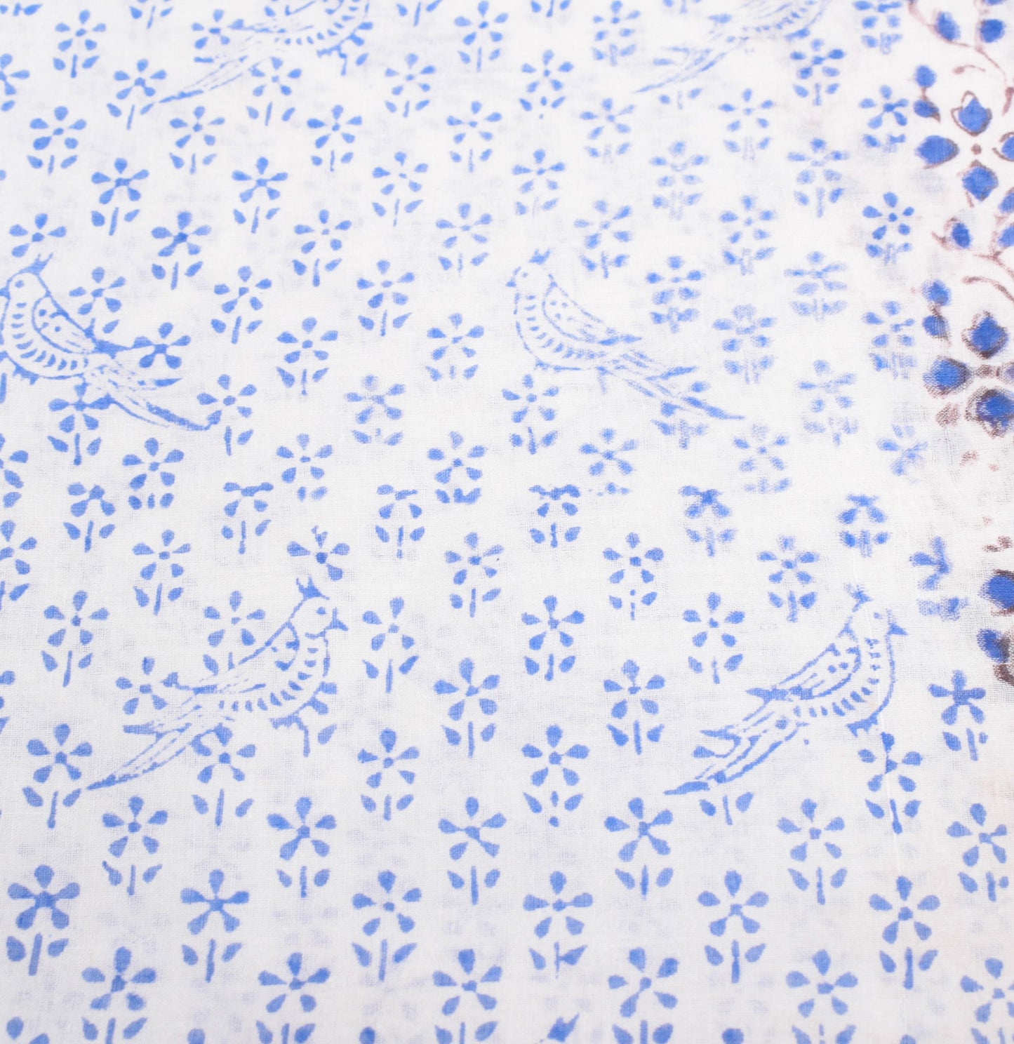 Sushila Vintage Hand Block Print Saree Pure Cotton White Floral Bird CraftFabric