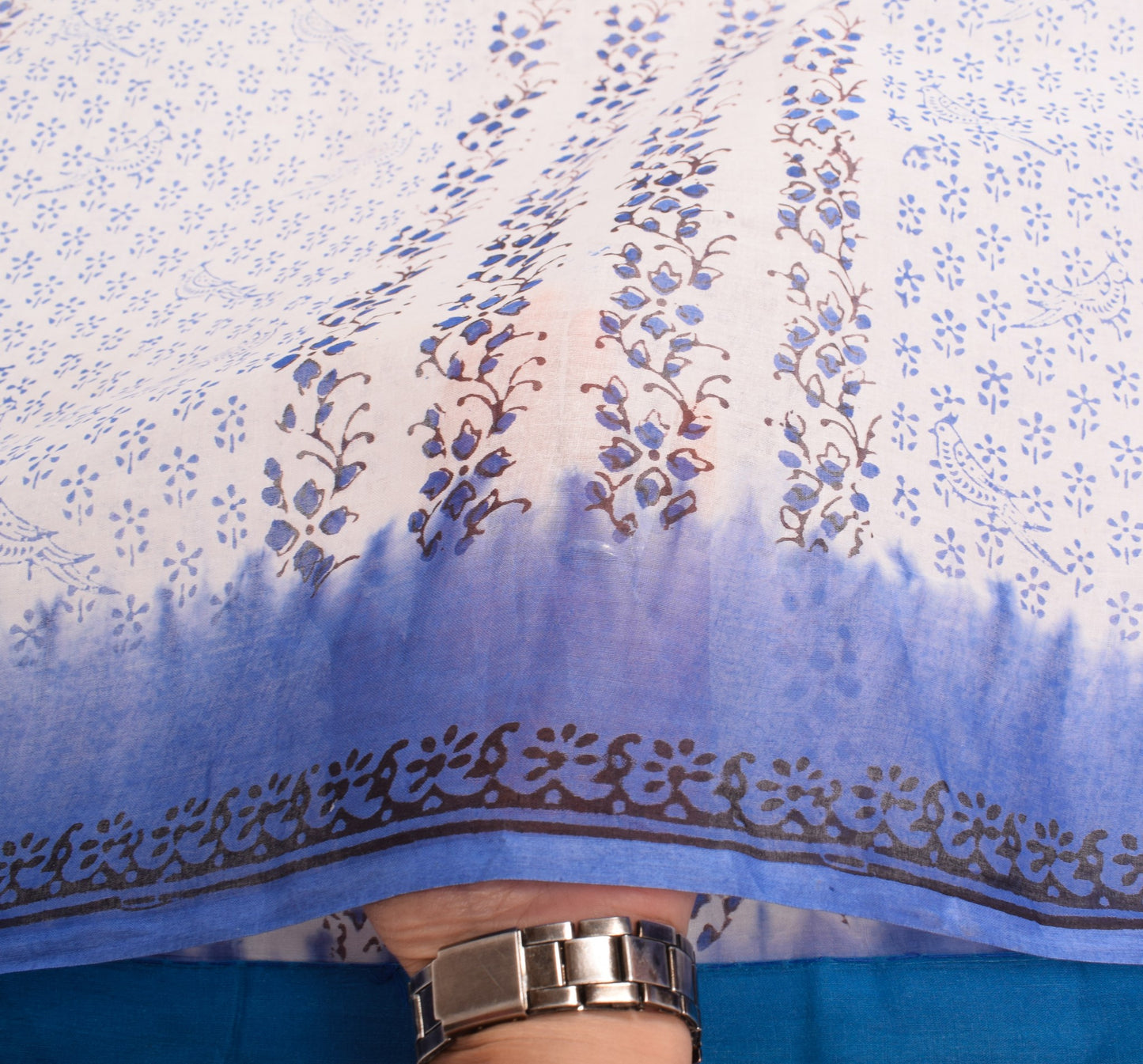 Sushila Vintage Hand Block Print Saree Pure Cotton White Floral Bird CraftFabric