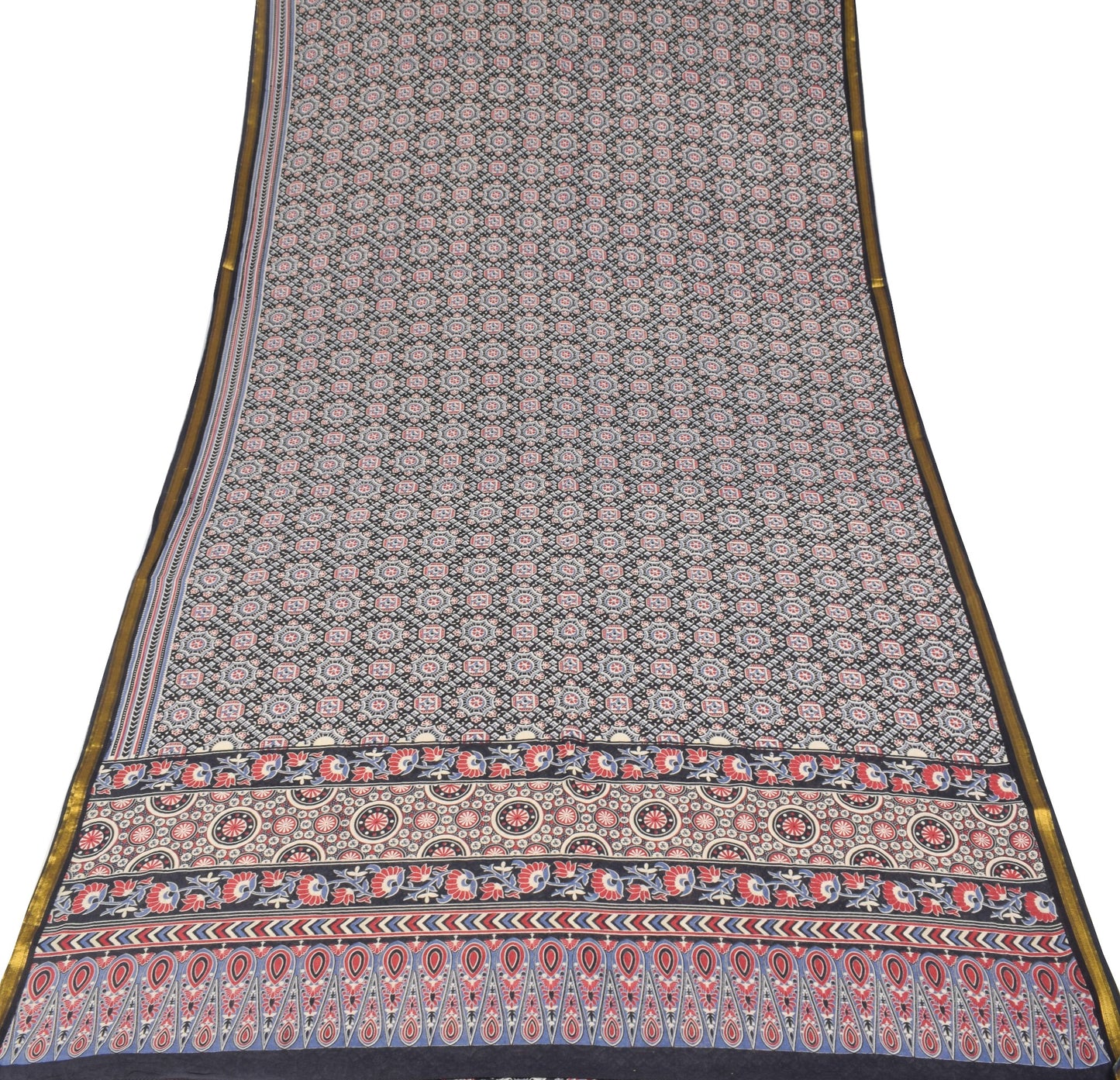 Sushila Vintage Black Saree Pure Cotton Ajrakh Hand Block Print Sari Soft Fabric