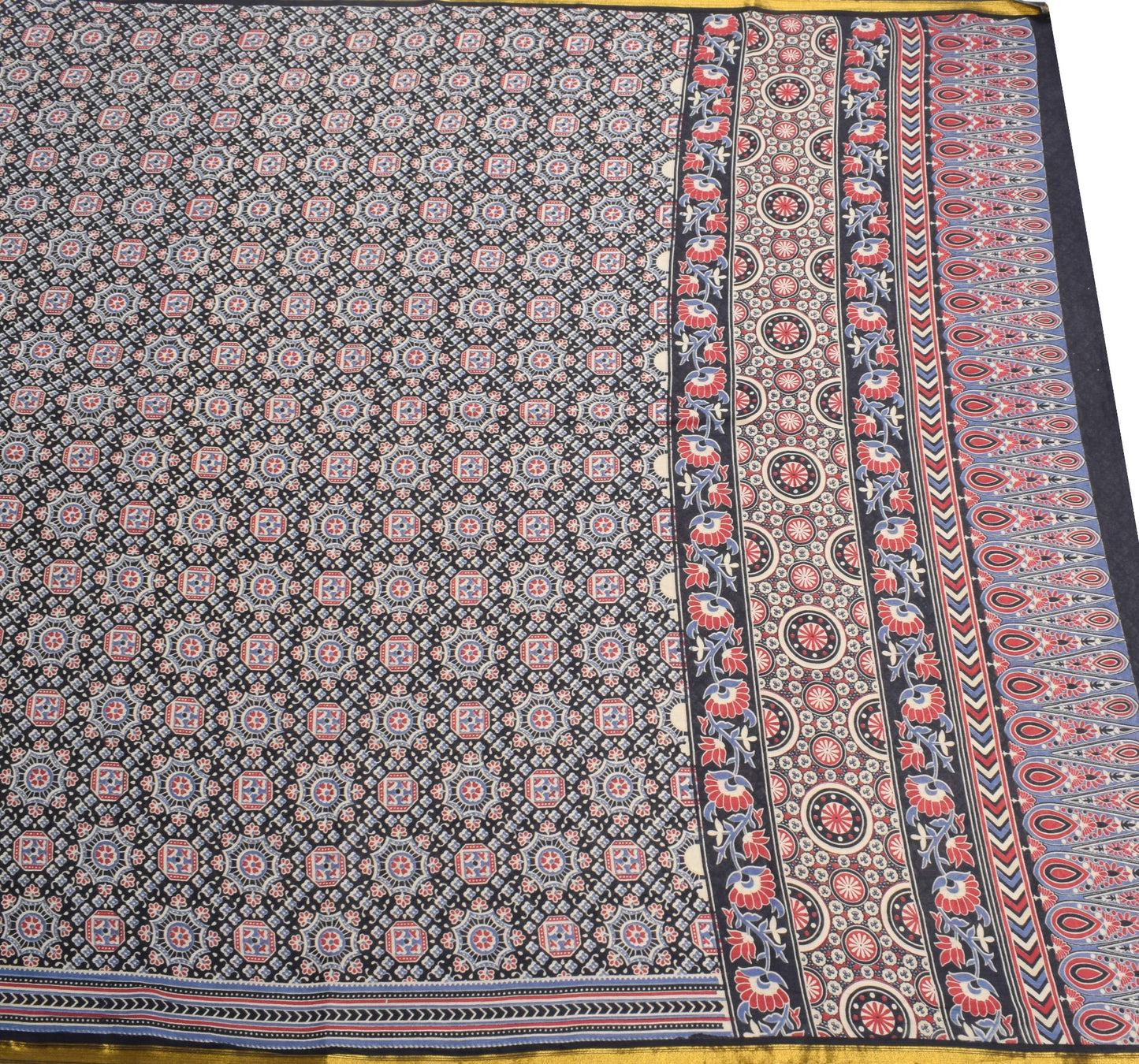 Sushila Vintage Black Saree Pure Cotton Ajrakh Hand Block Print Sari Soft Fabric