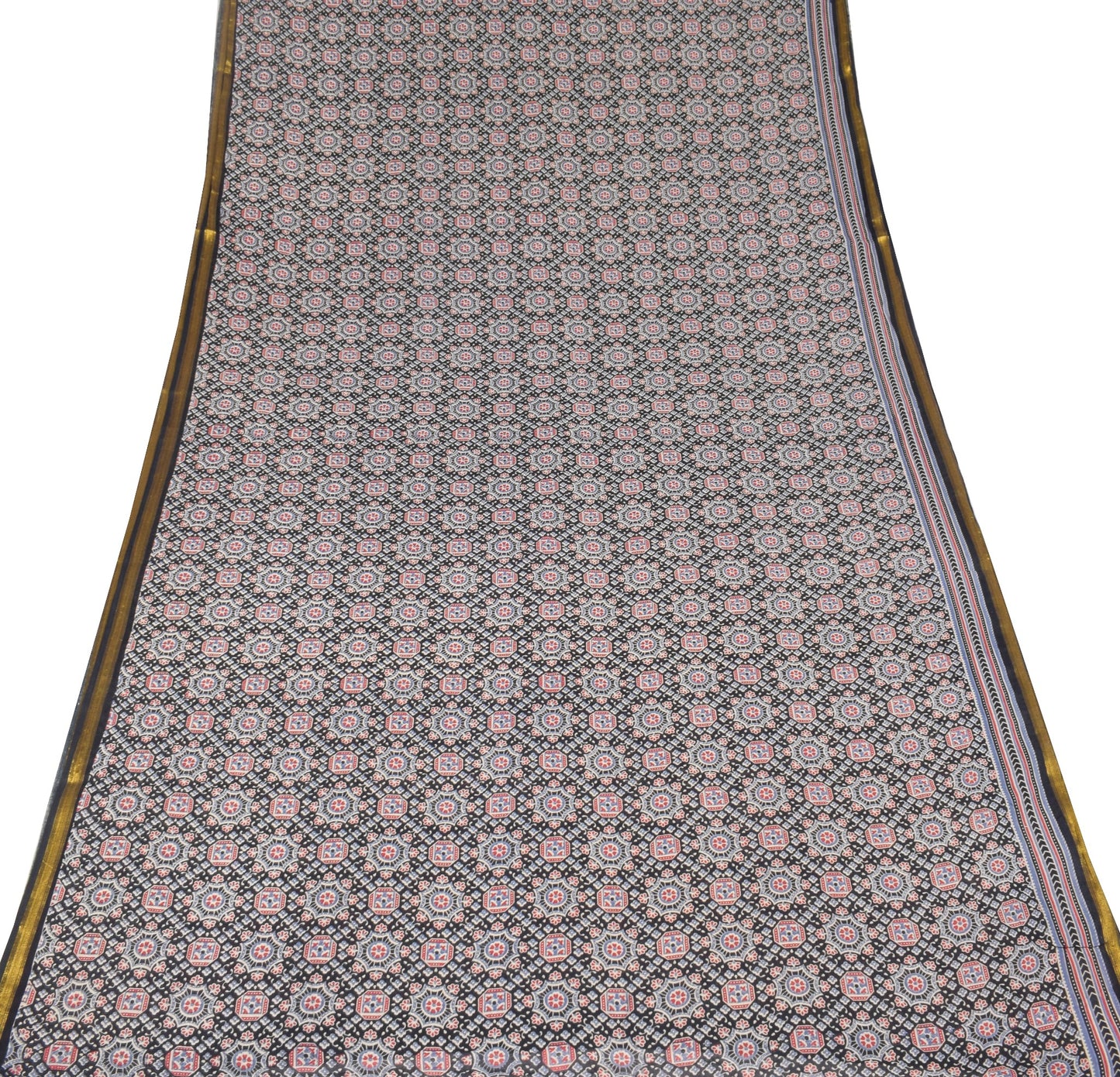 Sushila Vintage Black Saree Pure Cotton Ajrakh Hand Block Print Sari Soft Fabric